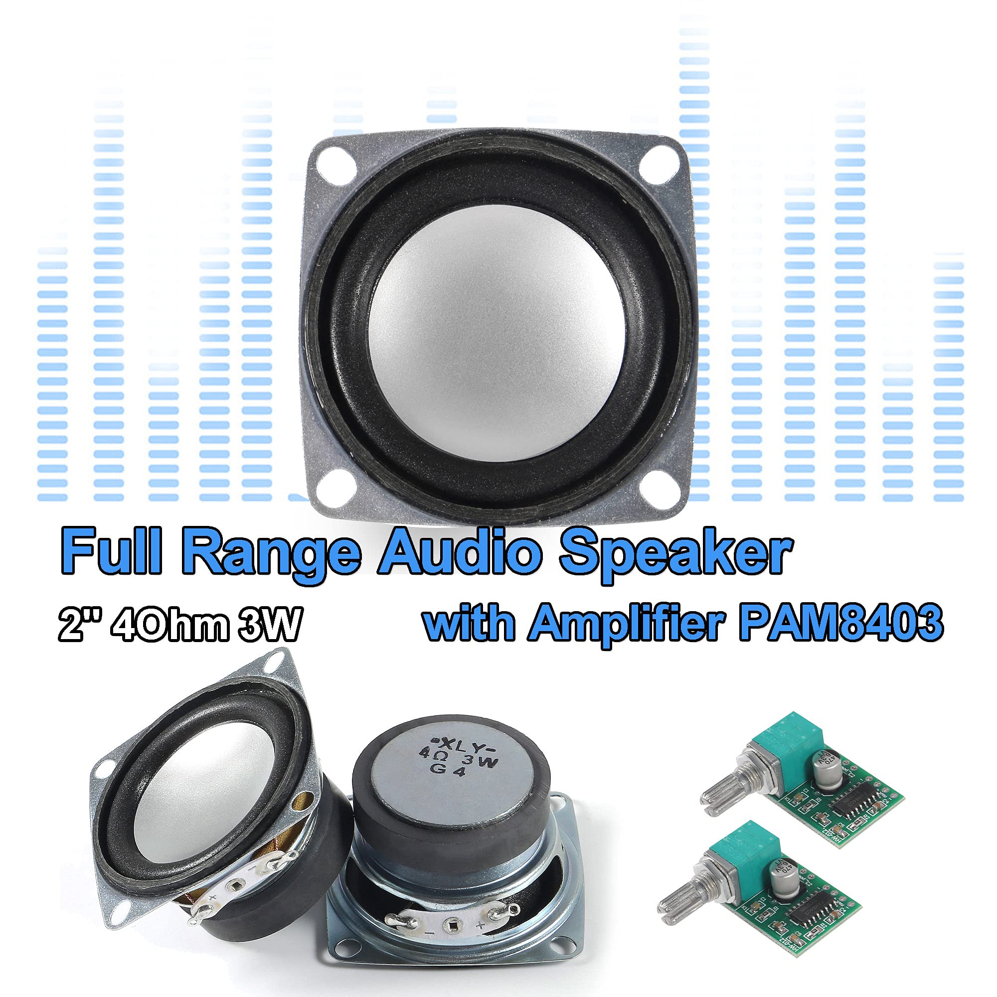 Alamscn 2Pcs 1.5'' 4Ohm 3W Full Range Audio Stereo Speaker Round Loudspeaker + 2Pcs 3Wx2 Dc 5V Class D Digital Amplifier Pam8403