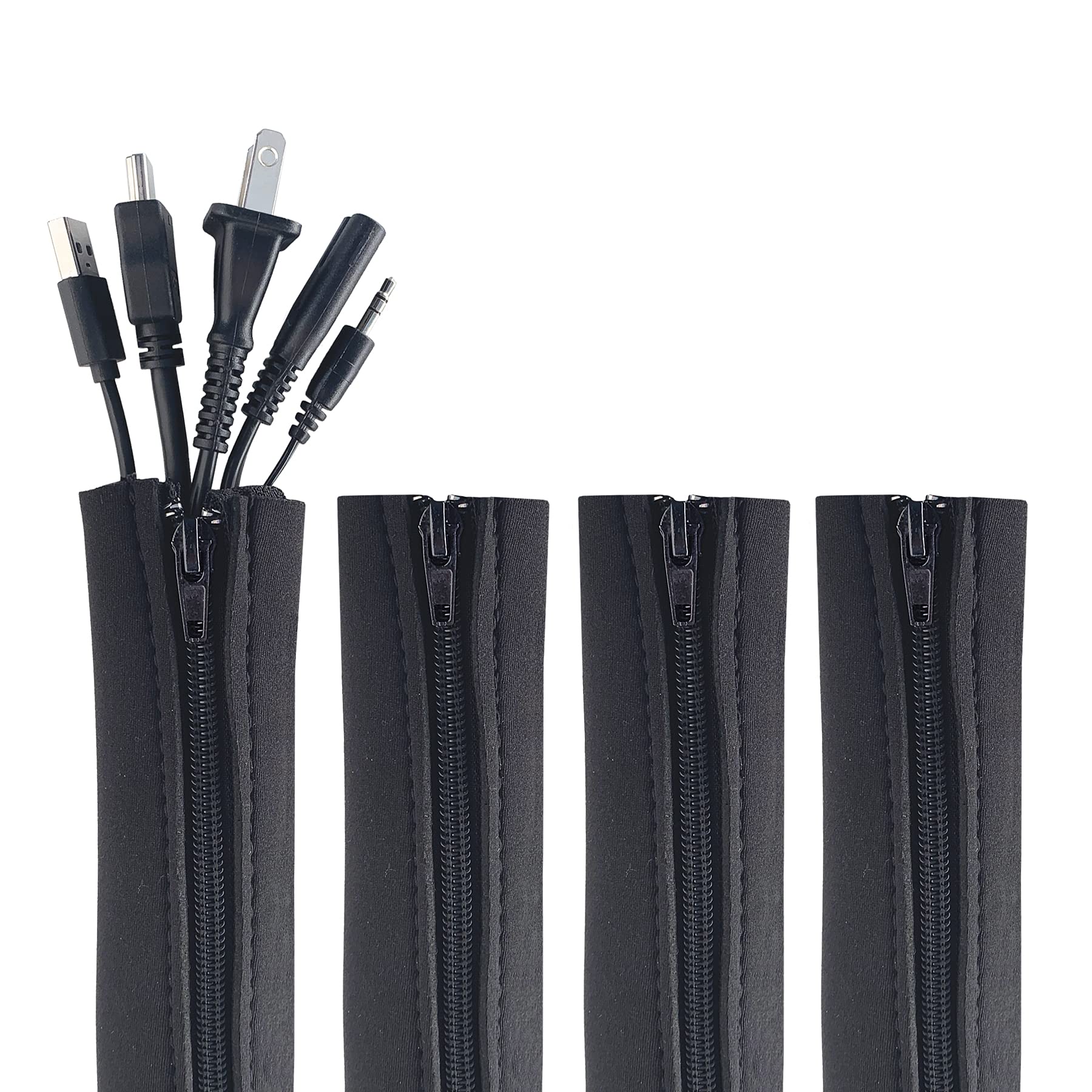 Zipper Cable Sleeve By Wrap It Storage   24'' X 4'' (4 Pack) Black   Cord Organizer And Cable Protector For Desk, Computer, Tv C