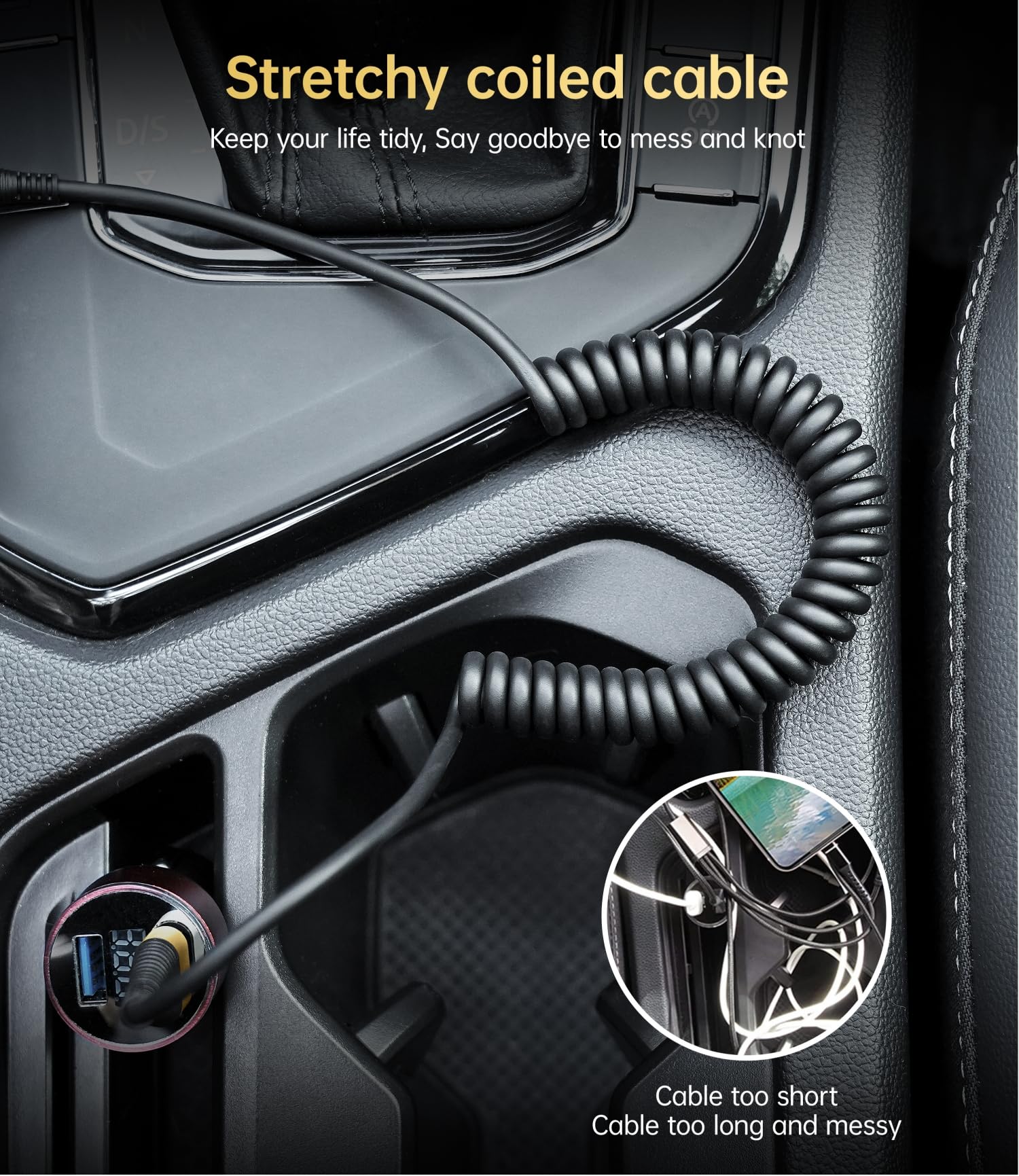 Short Iphone Charger Cable For Car, 2 Pack 3Ft Coiled Lightning Cable [Apple Mfi Certified] Iphone Charger Cord Compatible With
