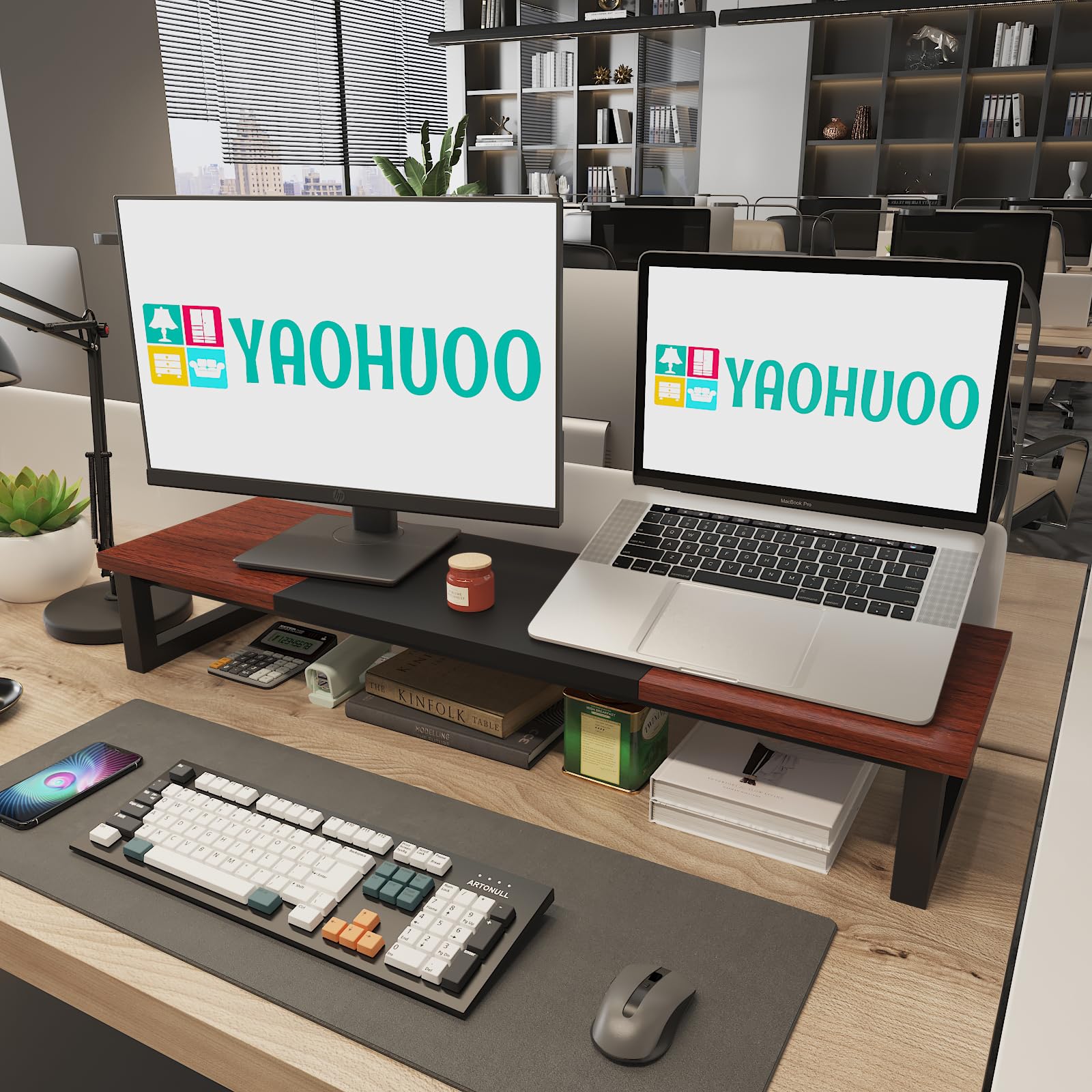 Yaohuoo Dual Monitor Stand Riser, 39Inch Large Monitor Stands For 2 Monitors, Computer Monitor Stand, Wooden Desktop Oraganizer