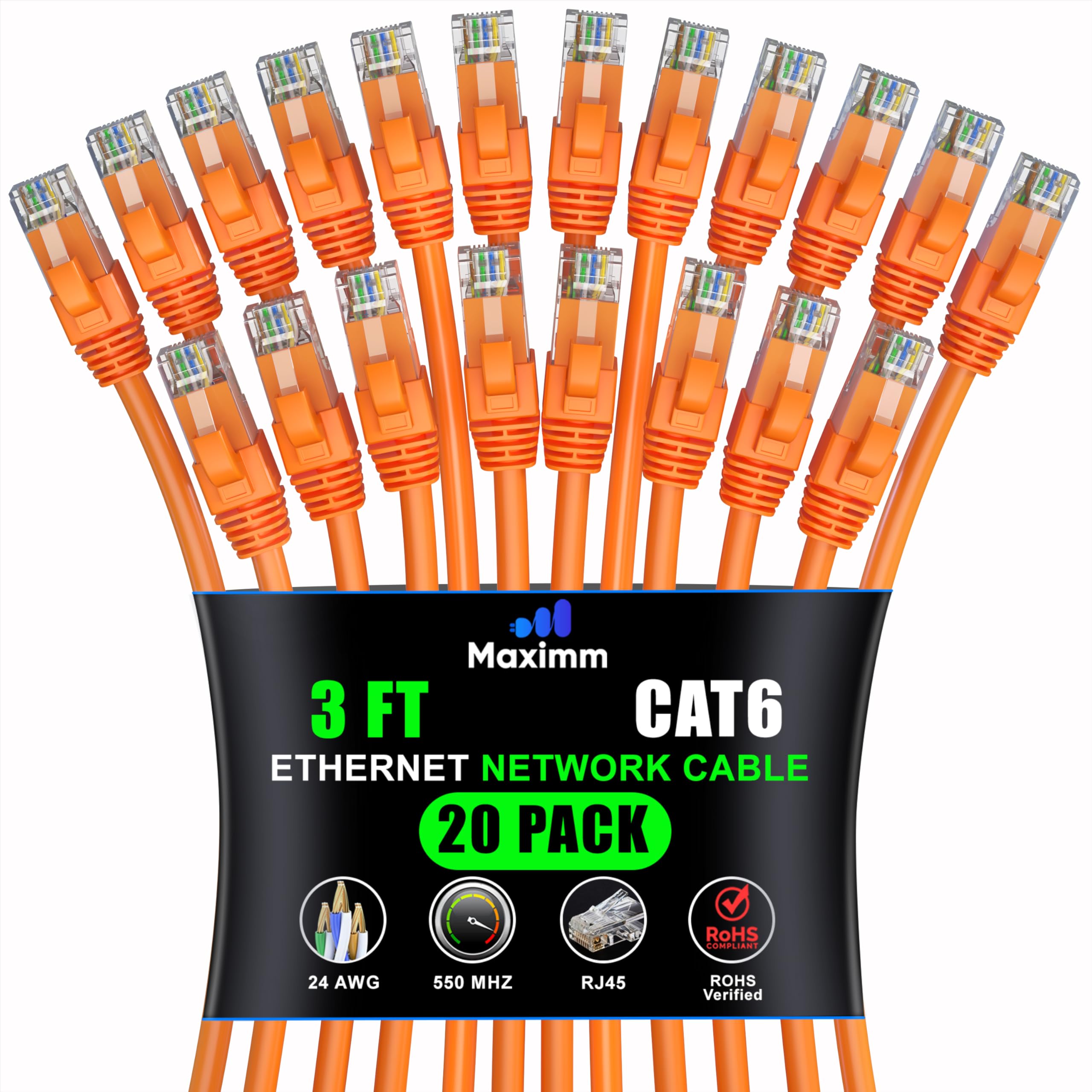 Maximm Cat 6 Ethernet Cable 3 Ft (20 Pack)   High Speed Lan Cable, Internet Cable, Patch Cable, And Network Cable   Utp, 10Gbps, 550Mhz Ethernet Cord   Orange