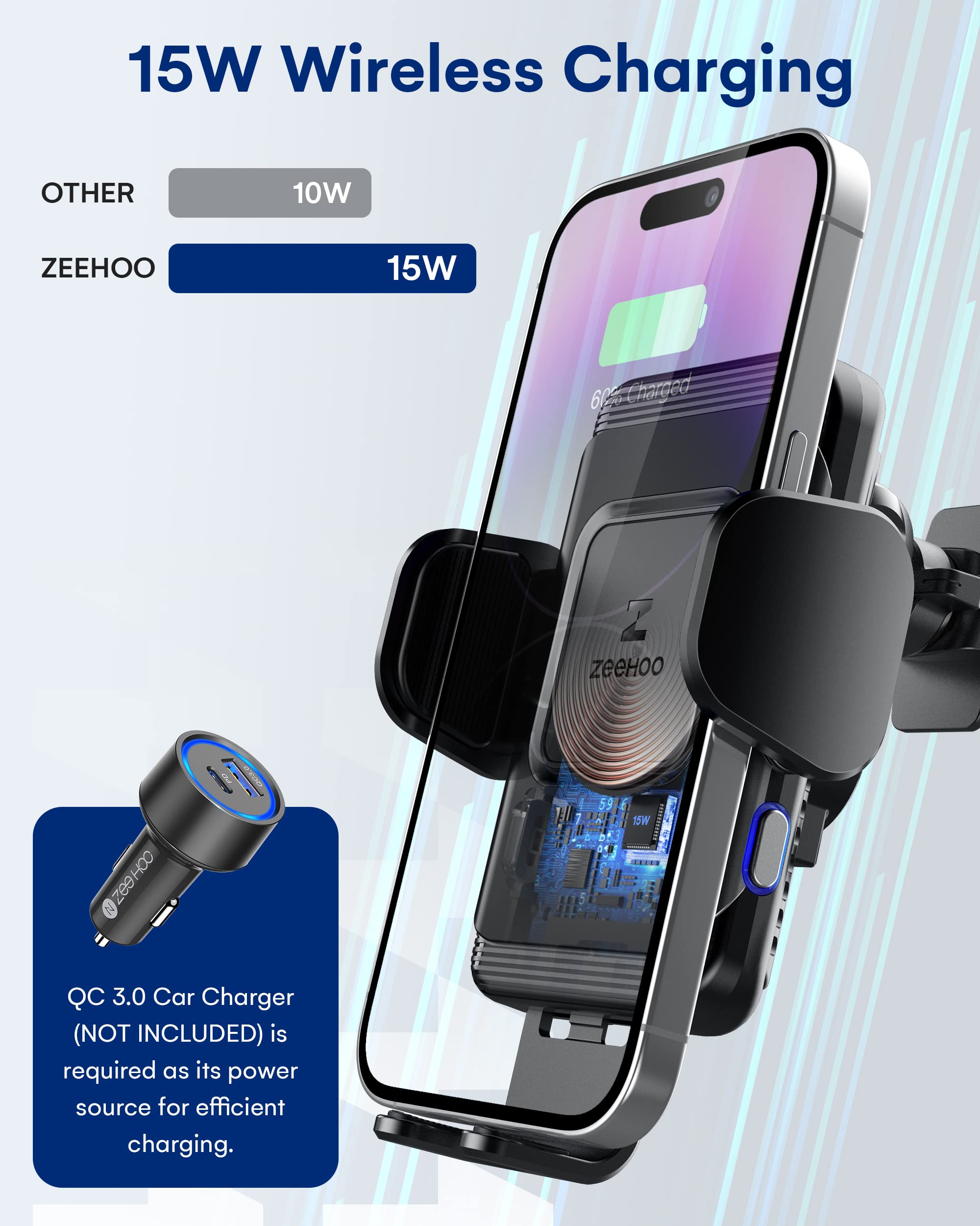 Zeehoo Wireless Car Charger,15 W Fast Charging Auto-Clamping Car Mount,Windshield Dash Air Vent Phone Holder For Iphone 14 13 12