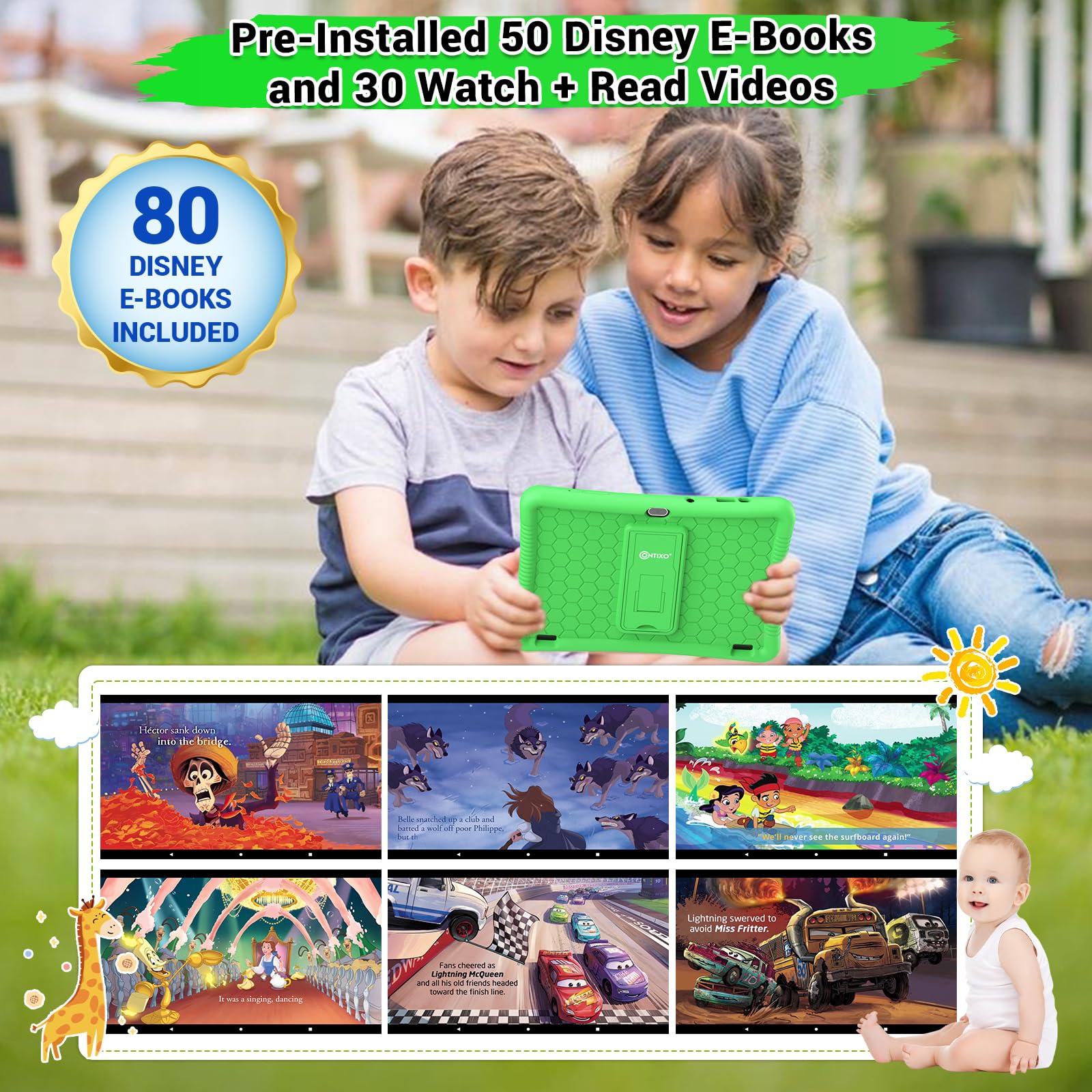 Contixo 10' Android Kids Tablet 64Gb Bundle, Includes 80+ Disney Storybooks & Stickers (Value $350), Kid Proof Case With Kickstand & Stylus, Headphone, Sleeve Bag (2023 Model) (Green)