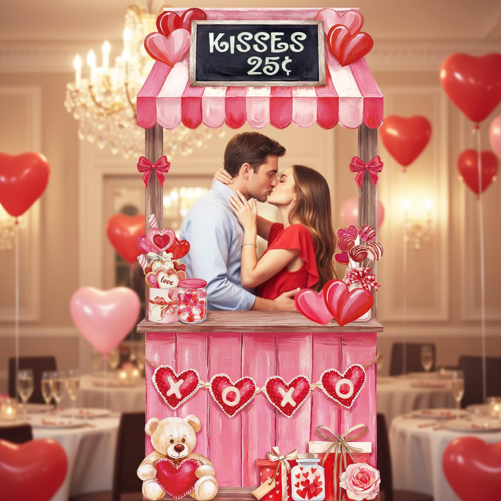 WovWeave Valentines Day Kissing Booth Backdrop 71x35 Inch - Romantic Red Pink Heart Photography Background for Couples, Large F