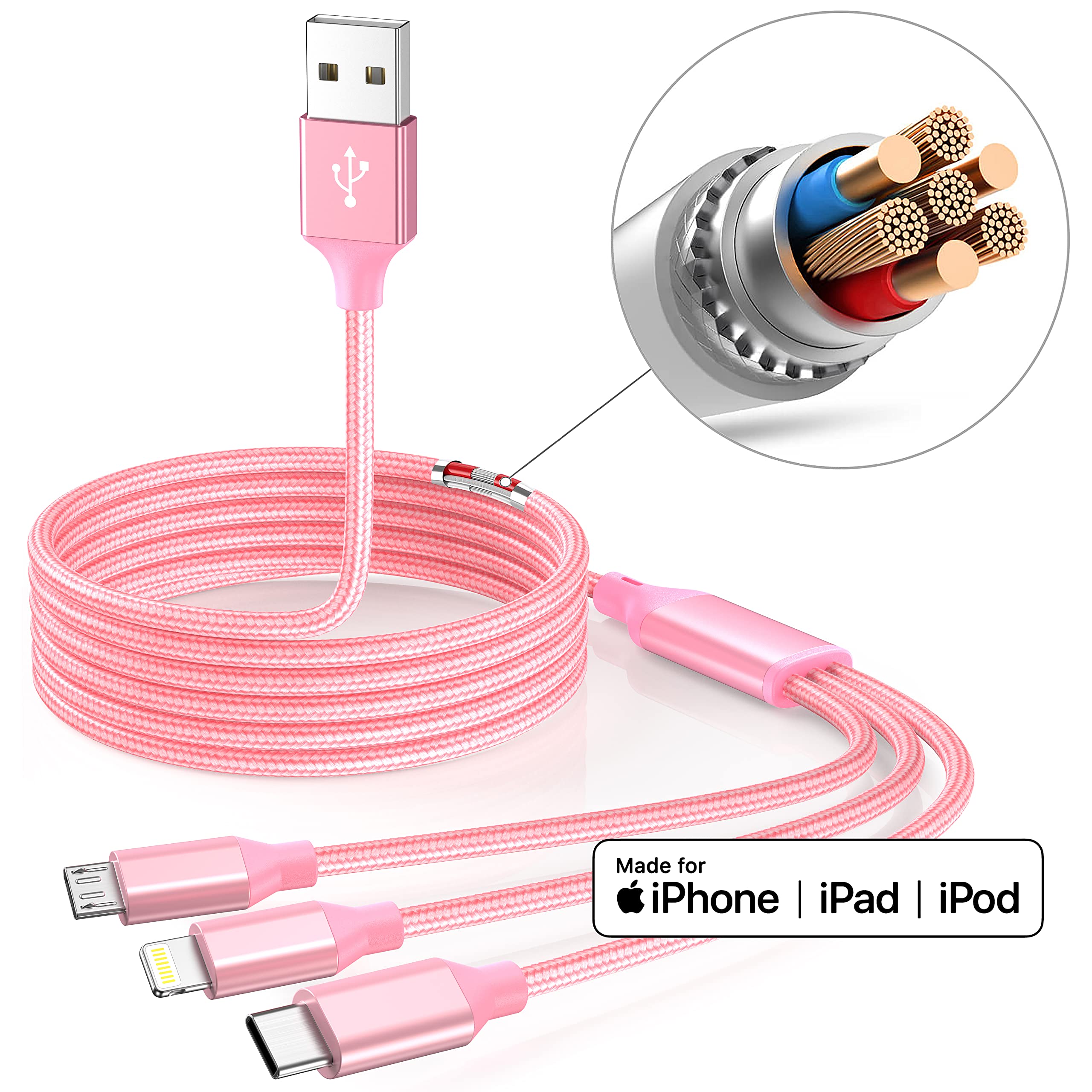 HYXing 3-in-1 Multi Charging Cable MFi Certified Type C Micro Lightning Metal 4ft