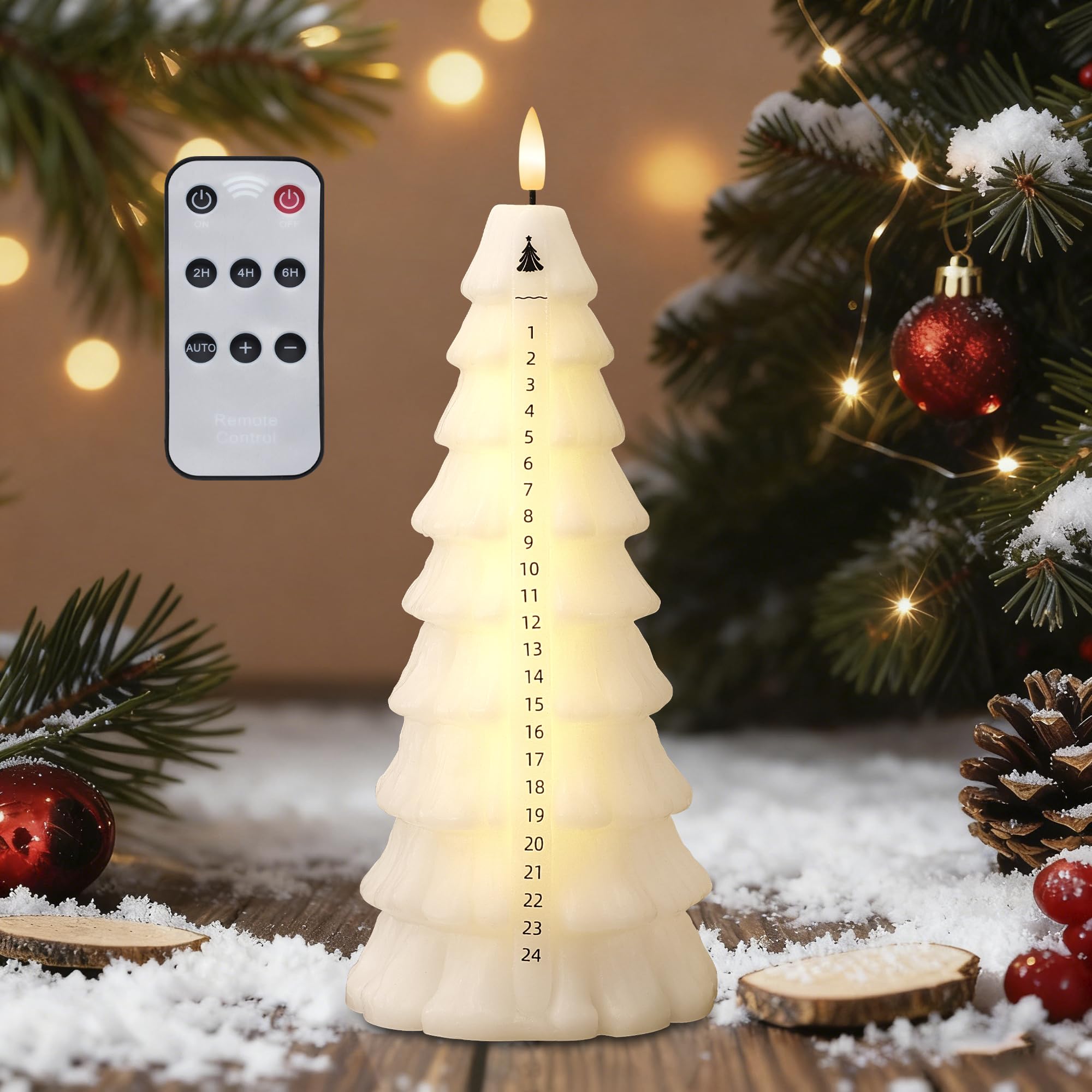 AFINETH Christmas Tree Candles with Remote, Real Wax Christmas Countdown Candle, Countdown to Christmas Battery Operated Candles
