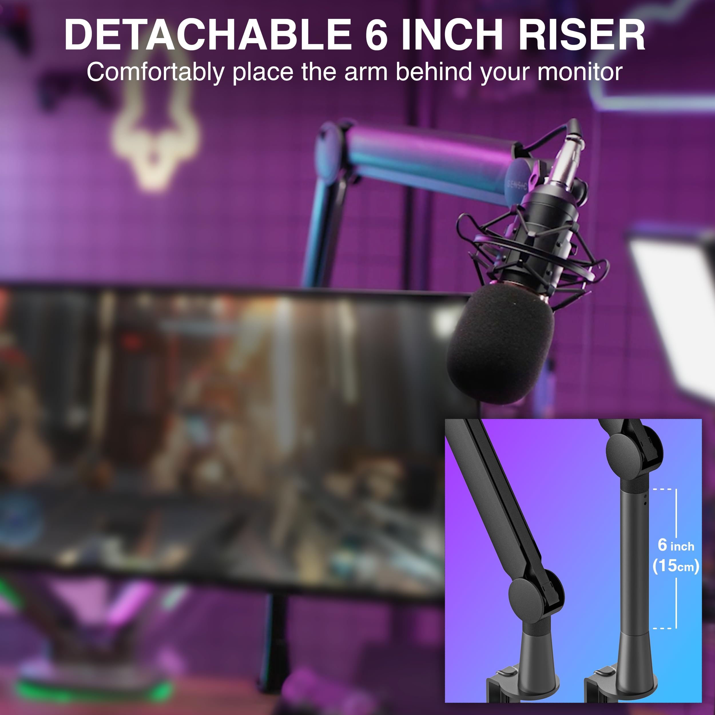 Sensic Sa 30 Microphone Boom Arm, 360 Rotatable Mic Stand With 6 Inch Riser, Microphone Holder With 1/4'', 3/8'' And 5/8'' Adapt