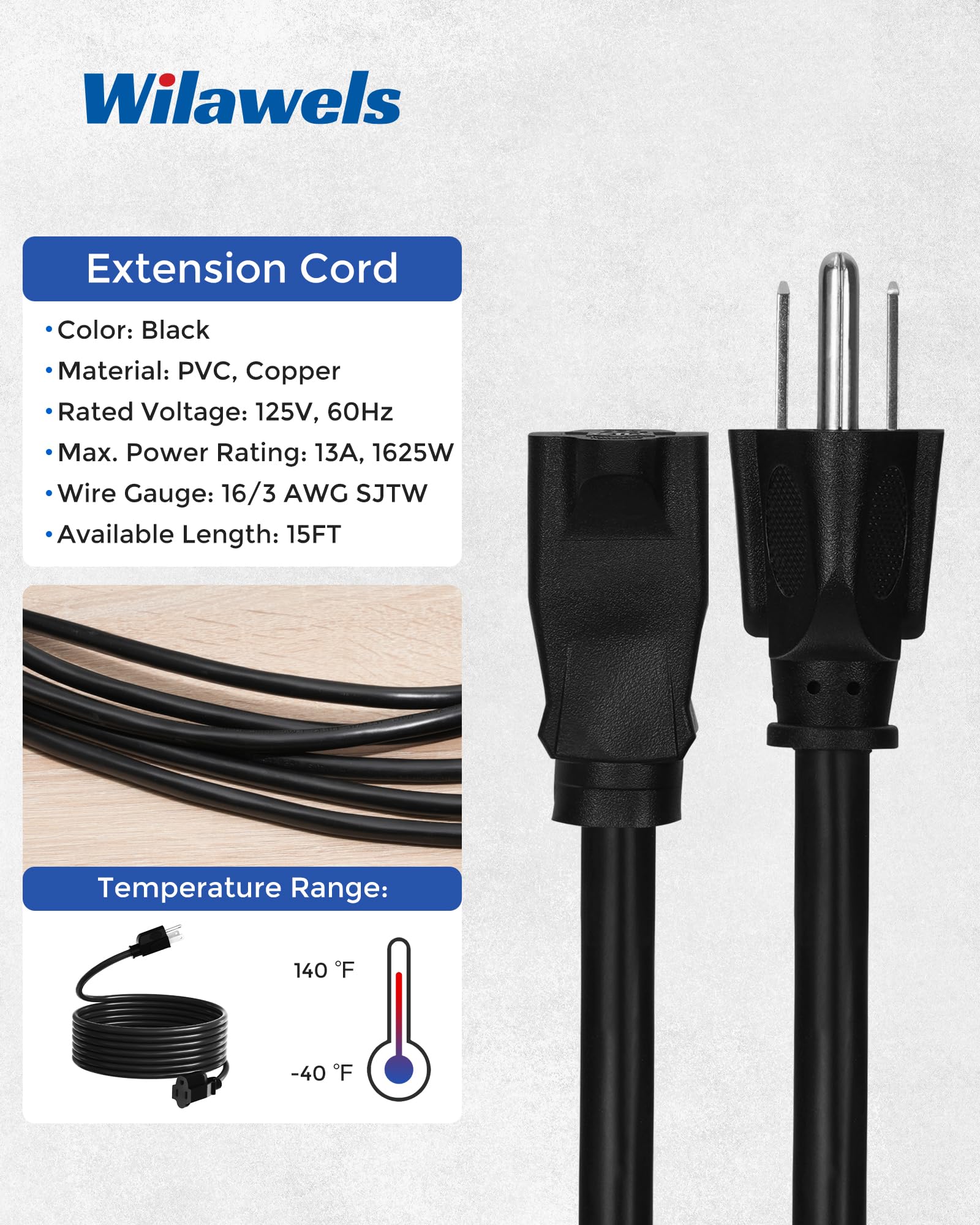 Wilawels 2 Pack Outdoor Extension Cord 15Ft, 16/3 Sjtw Durable Power Cable For Indoor And Outside Use, 3 Prong Grounded Outlets,
