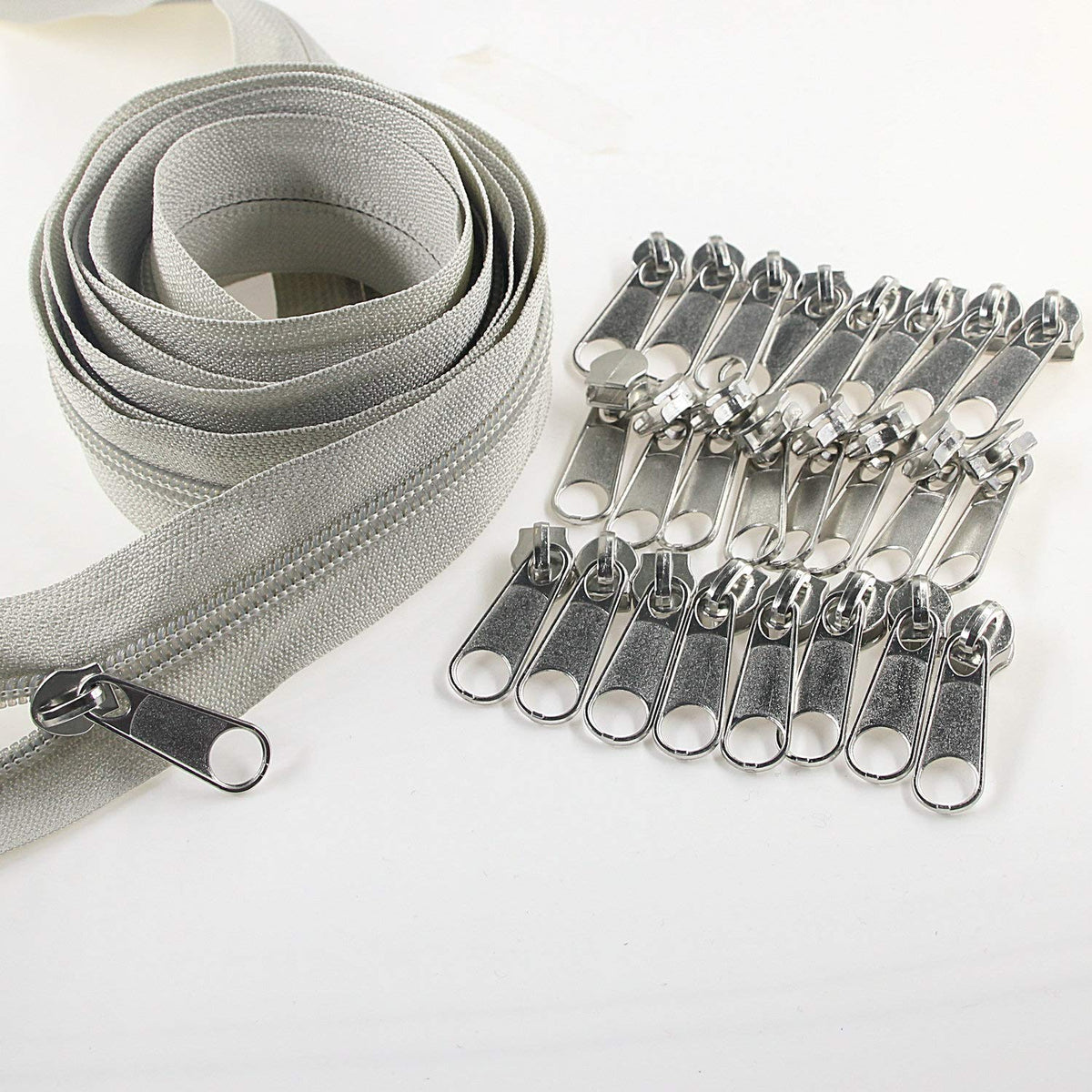 Leekayer 5 Gray Nylon Coil Zippers By The Yard Bulk 10 Yards With 25Pcs Silver Sliders For Diy Sewing Tailor Craft Bag(Gray)