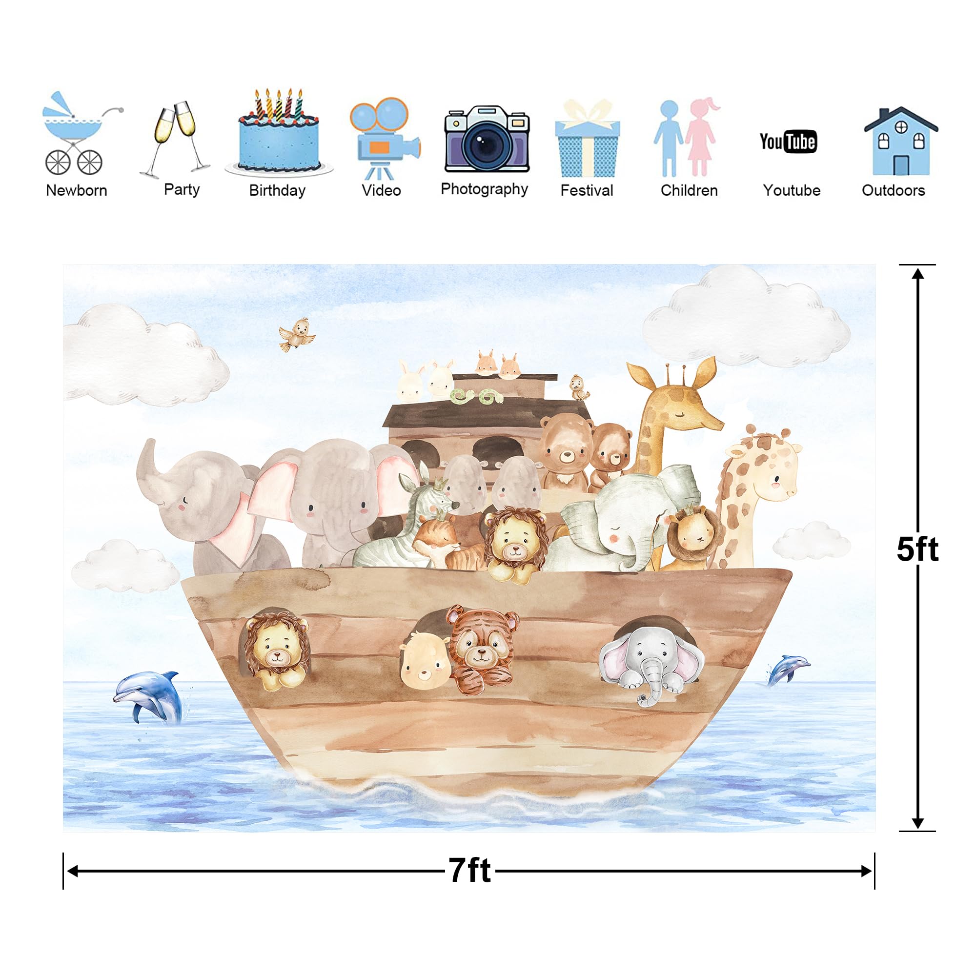 Glawry Noah'S Ark Baby Shower Backdrop For Photography 7Wx5H Feet Cute Cartoon Woodland Animals Blue Ocean Lovely Clouds Newborn