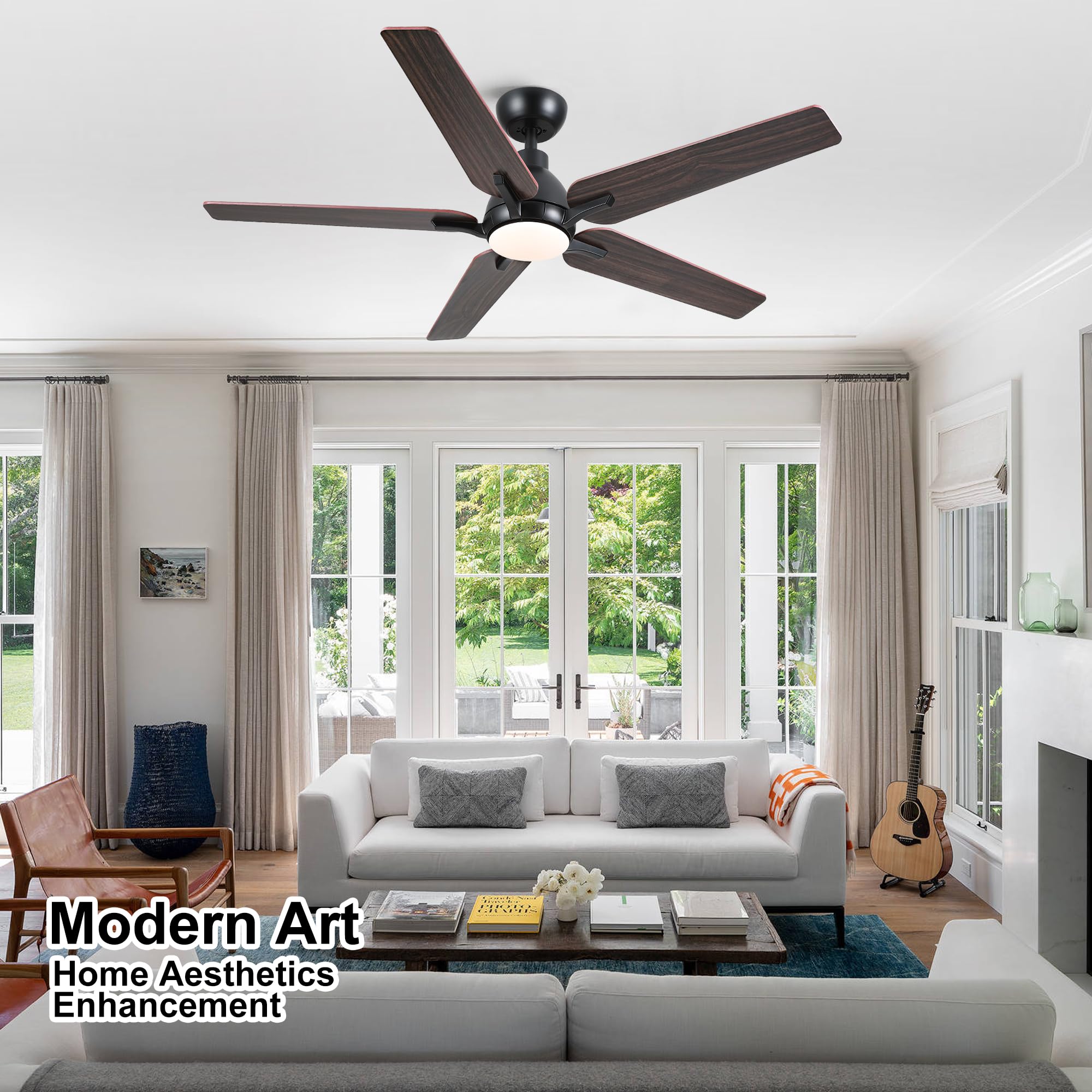52 Inch Ceiling Fans With Lights And Remote, Black Brown Modern Ceiling Fan For Bedroom, Living Room, Dining Room, Patio, 3Cct D