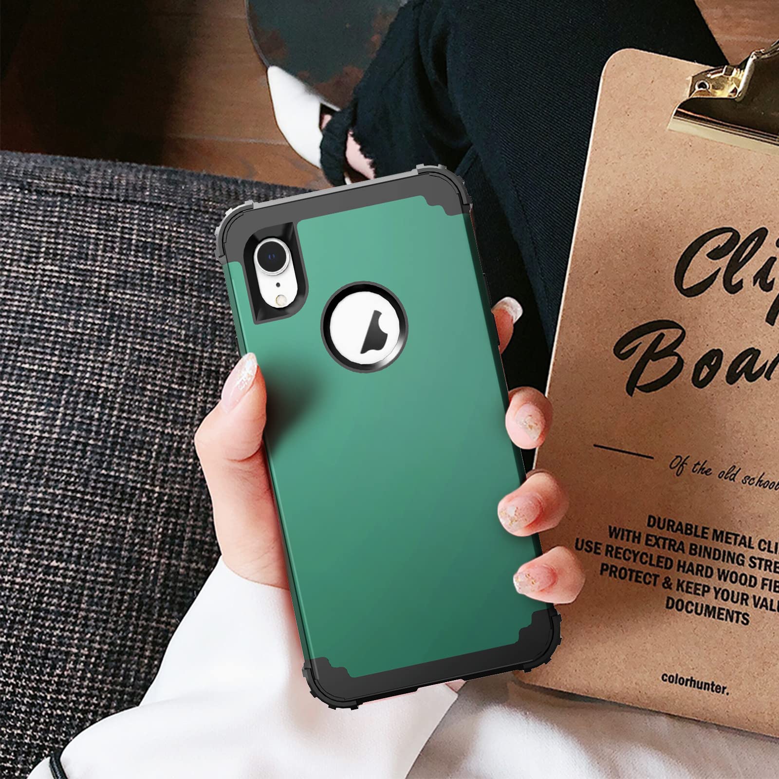 IDweel iPhone XR 3-in-1 Shockproof Hybrid Full Body Phone Case PC Silicone Graphite Green with Tempered Glass