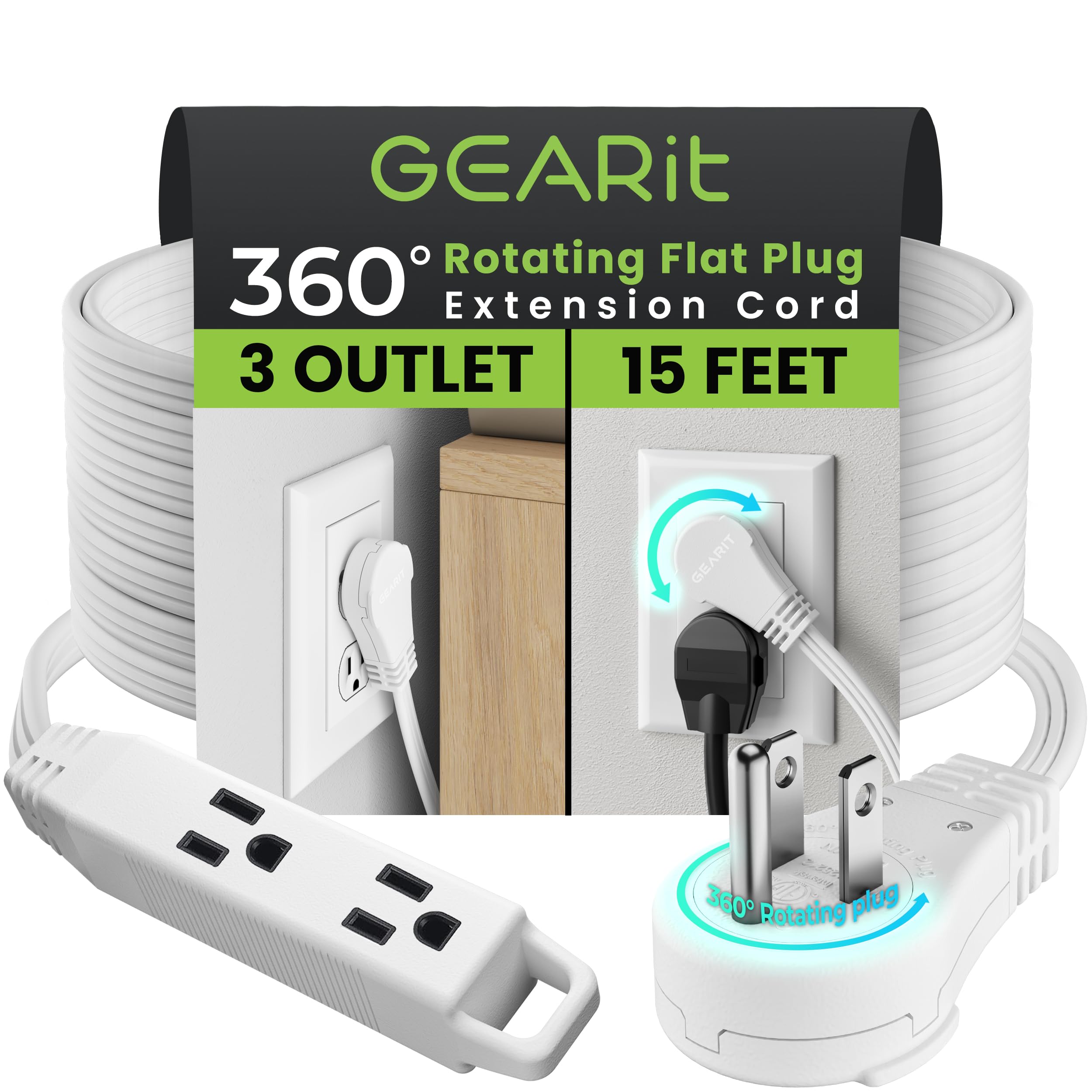 Gearit 360 Rotating Flat Plug Extension Cord (15Ft, White) Multi 3 Outlet Extension 16 Awg Wire, Adapter For Small Spaces, Right