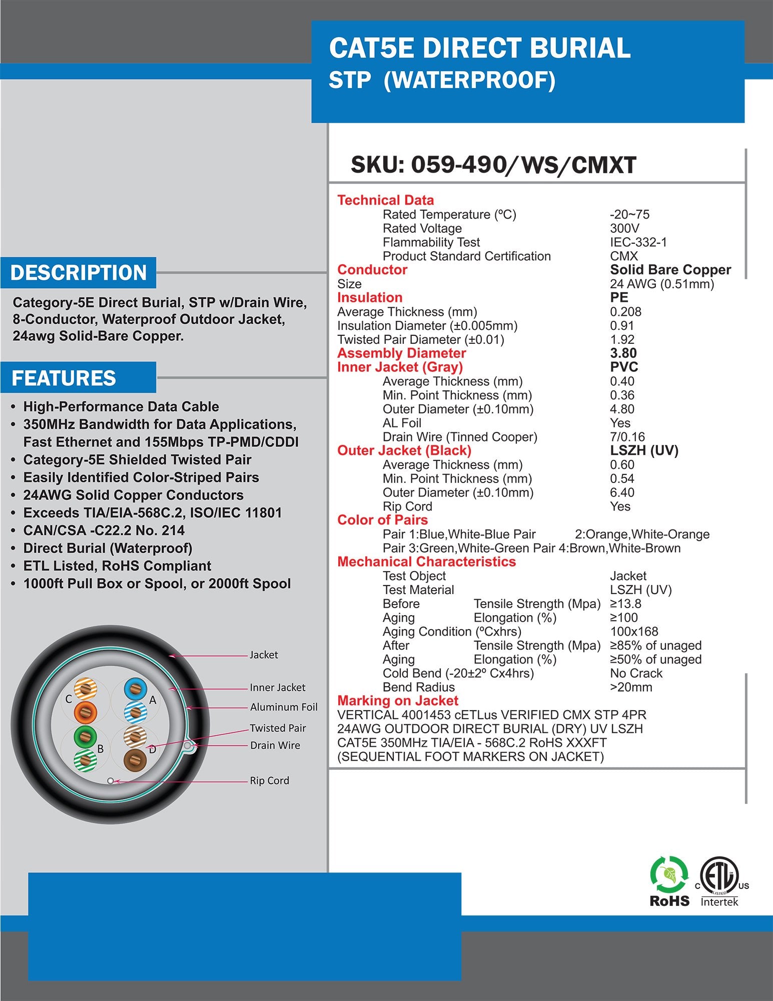 Vertical Cable Cat5E, Shielded Dual Jacket, Direct Burial, 1000Ft, Black, Bulk Ethernet Cable, Wooden Spool
