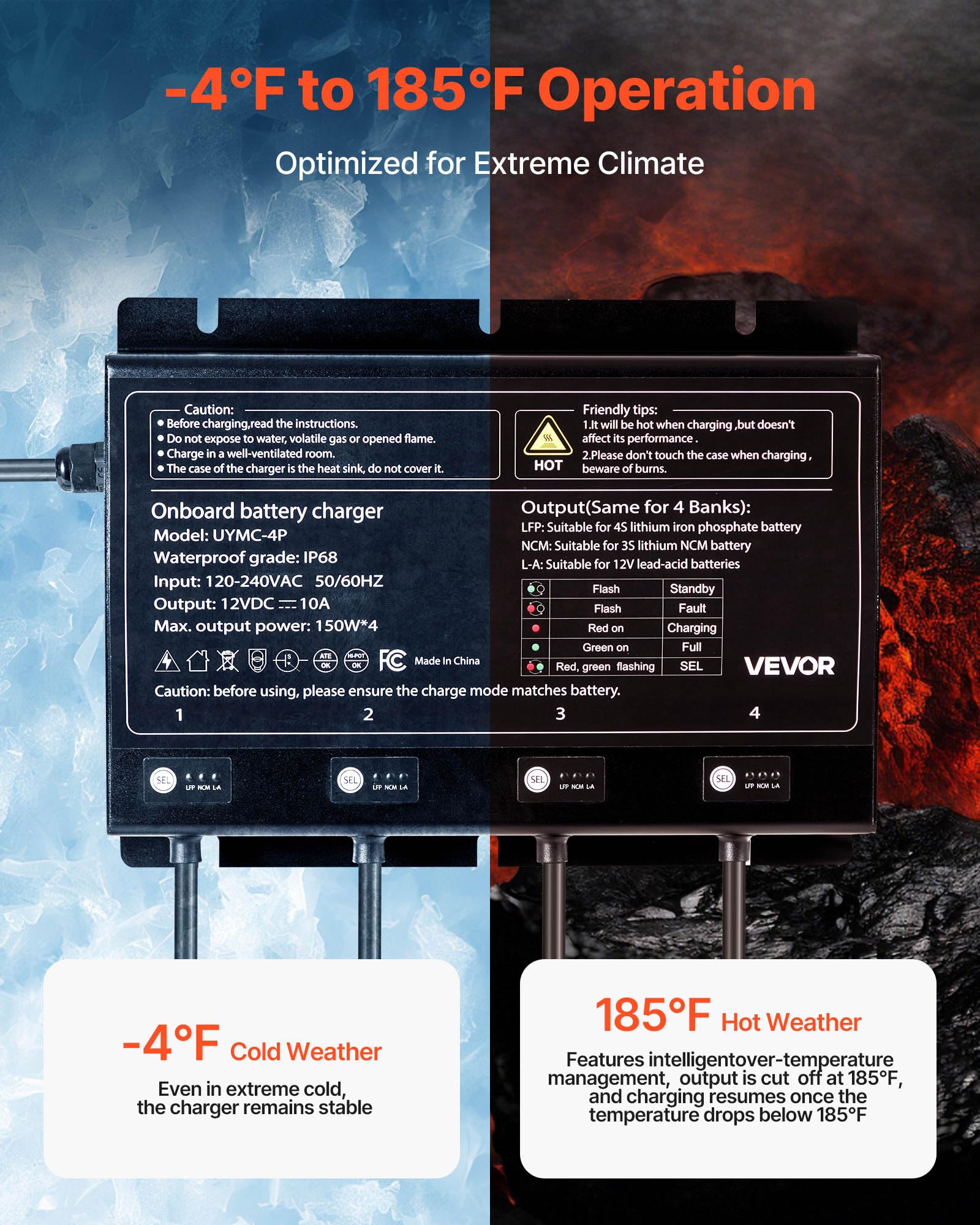 Vevor Marine Battery Charger, 4-Bank, 10A X 4, 12V Onboard Battery Charger, Ip68 Waterproof Smart Boat Charger, For Lithium-Ion