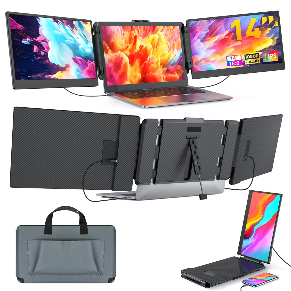 Jjtechgiant Triple Portable Monitor For Laptop Screen Extender Dual Monitor 14 Inch Fhd 1080P Tri Screen Display 4 Speakers Plug