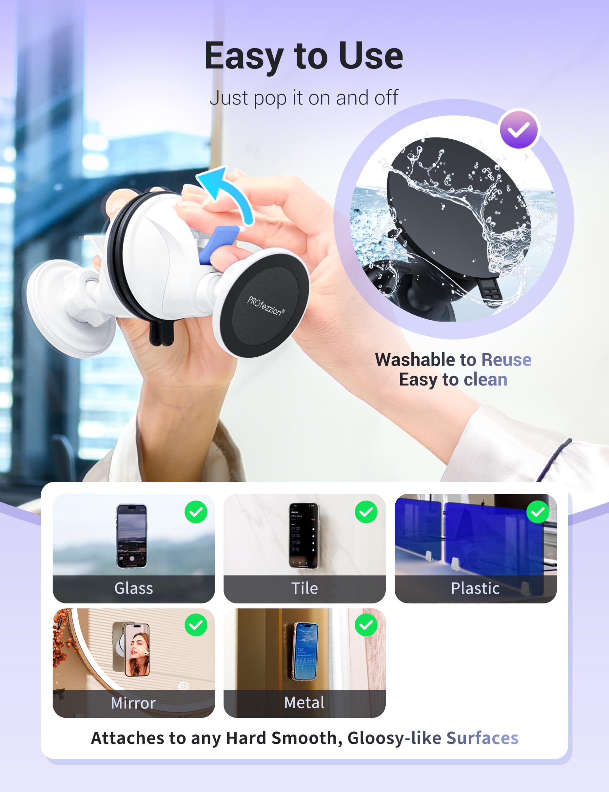 Profezzion Multi-Surface Suction Mount Detachable Magnetic Phone Holder For Mirror Shower Bathroom Kitchen Window Videos Compati