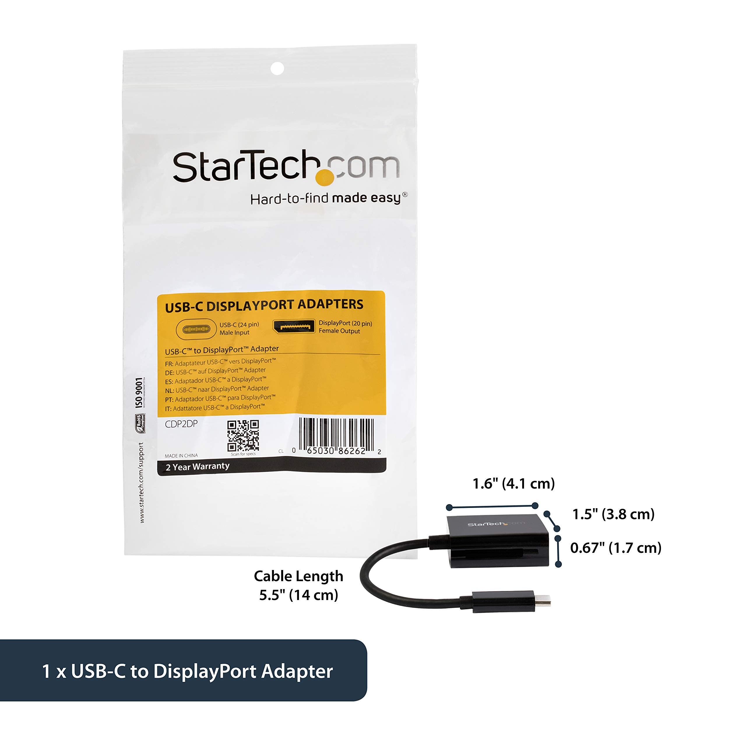 Startech.Com Usb C To Displayport Adapter - 4K 60Hz/8K 30Hz, Dp 1.4 Hbr2 Dongle, Compact Usb-C (Dp Alt Mode) Monitor Video Conve