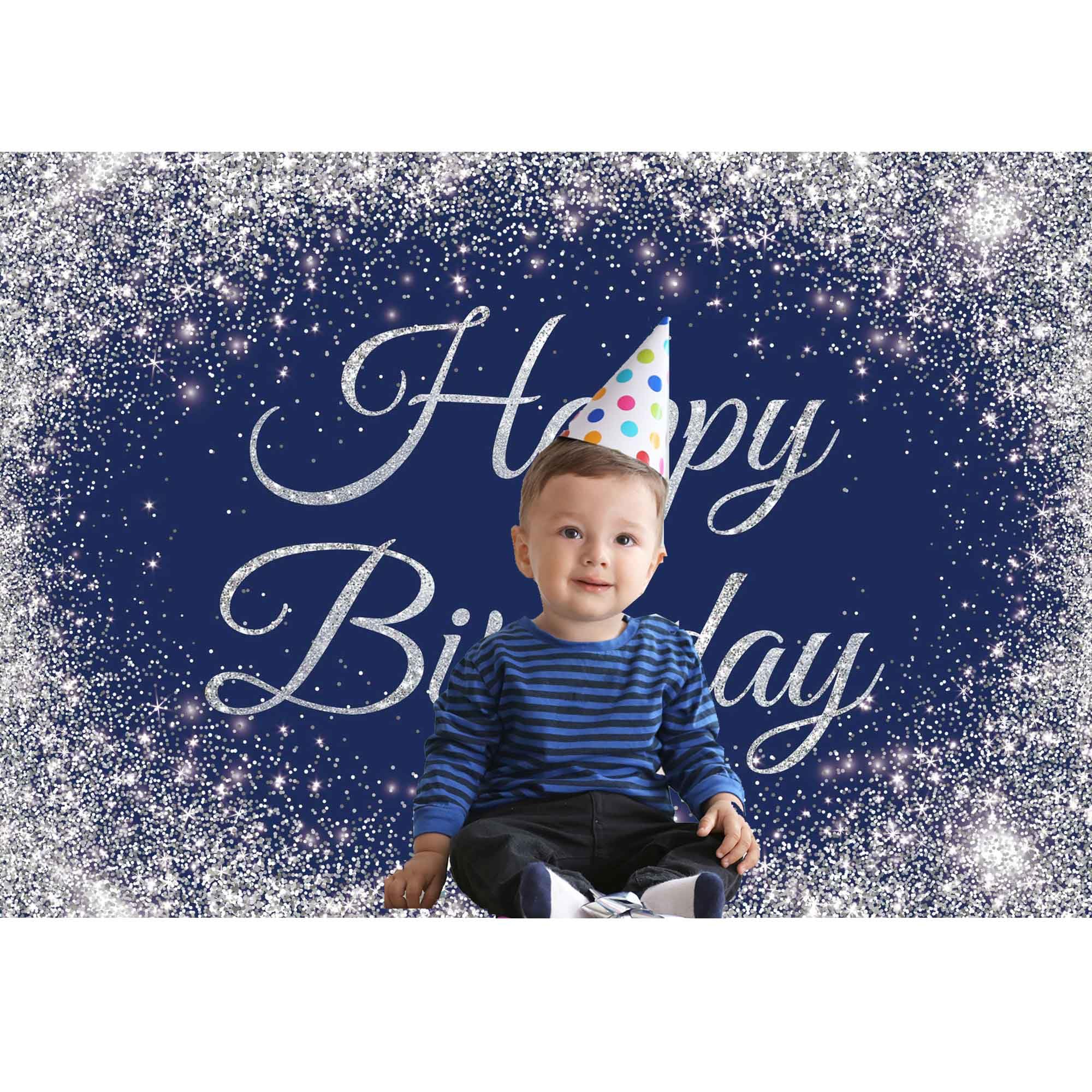 Livucee 10X8Ft Navy Blue And Silver Happy Birthday Banner Backdrop Glitter Spots Decorations Photography Background Party Wall S