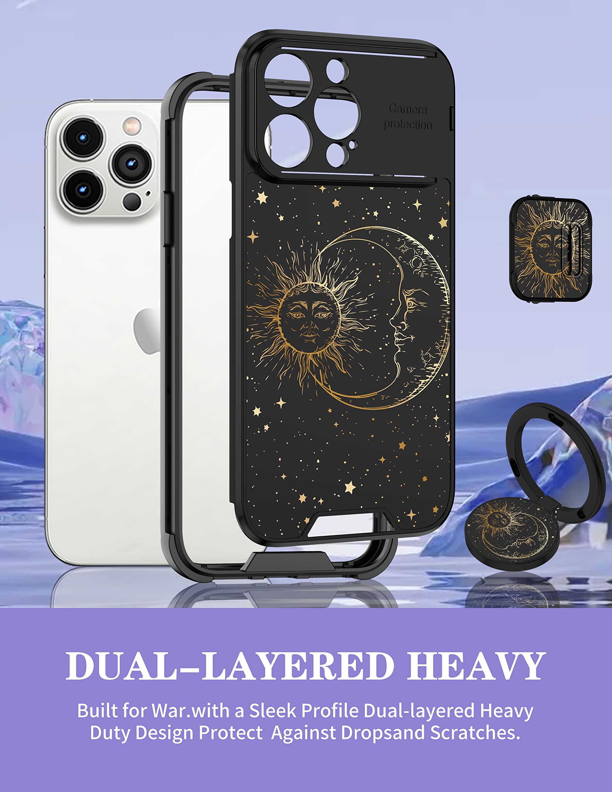 Goocrux (2In1 For Iphone 14 Pro Max Case Sun And Moon Stars For Women Girls Cute Space Phone Cover With Slide Camera Cover+Ring