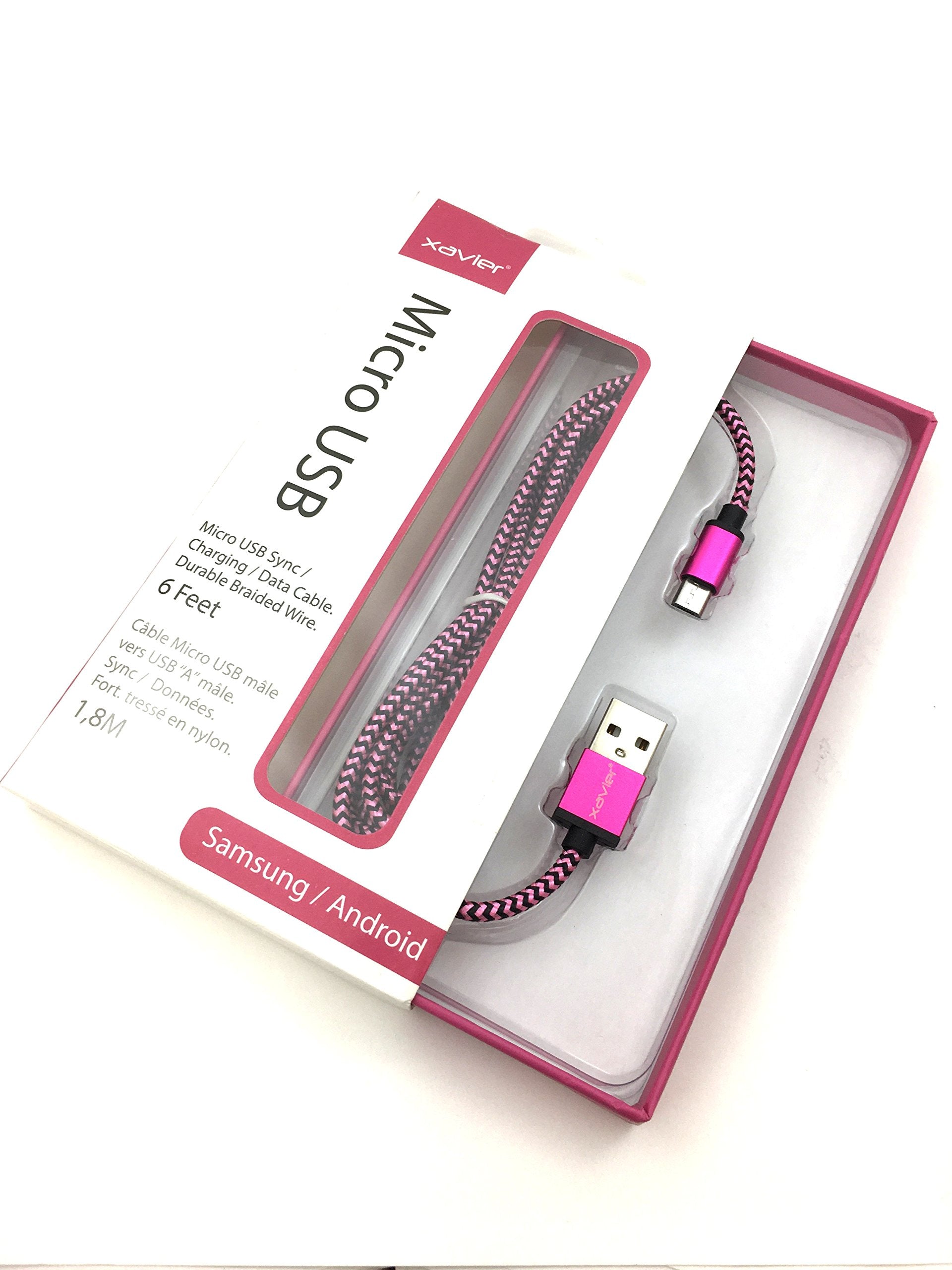 Xavier Usb Micropk 06 Usb A Male To Micro B Male With Braided Wire & Metal Connectors, 6', Pink/Black