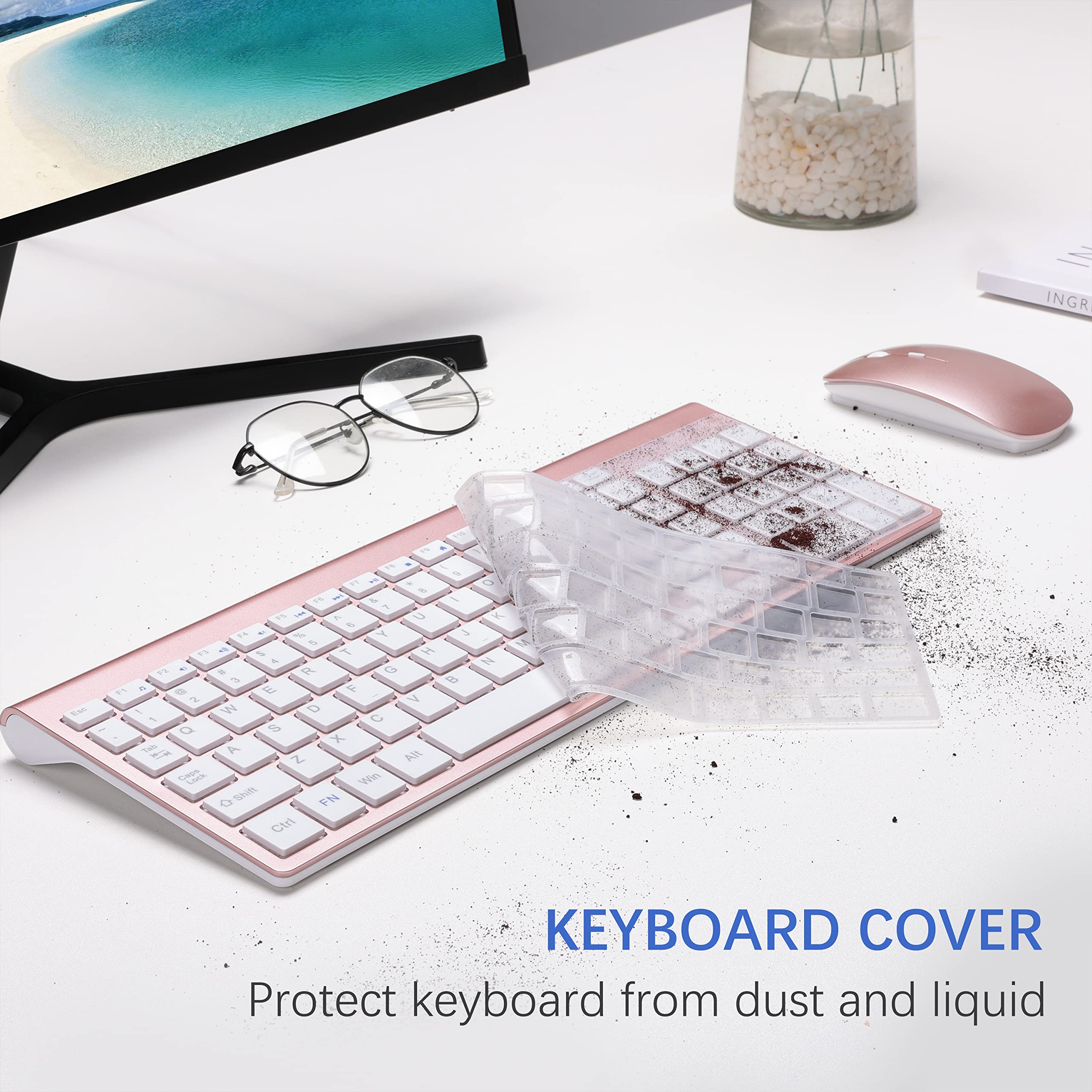Wireless Keyboard And Mouse Ultra Slim Combo, Topmate 2.4G Silent Compact Usb 2400Dpi Mouse And Scissor Switch Keyboard Set With Cover, 2 Aa & 2 Aaa Batteries,For Pc/Laptop/Windows/Mac Rose Gold White