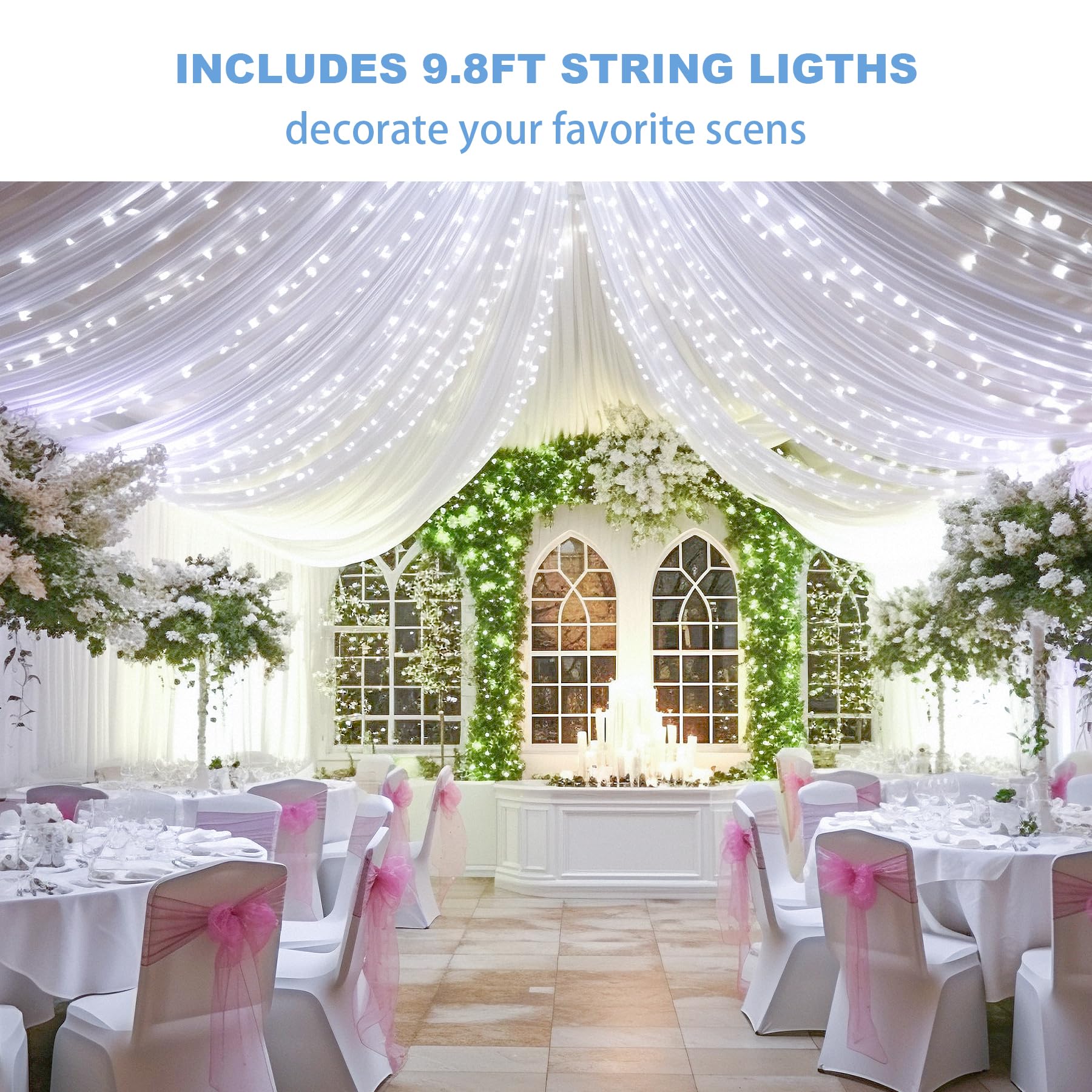 Wish Care White Ceiling Drapes With Lights String For Weddings, 6 Panels 5Ftx10Ft Sheer Tulle Curtain Drapes For Wedding Ceremon