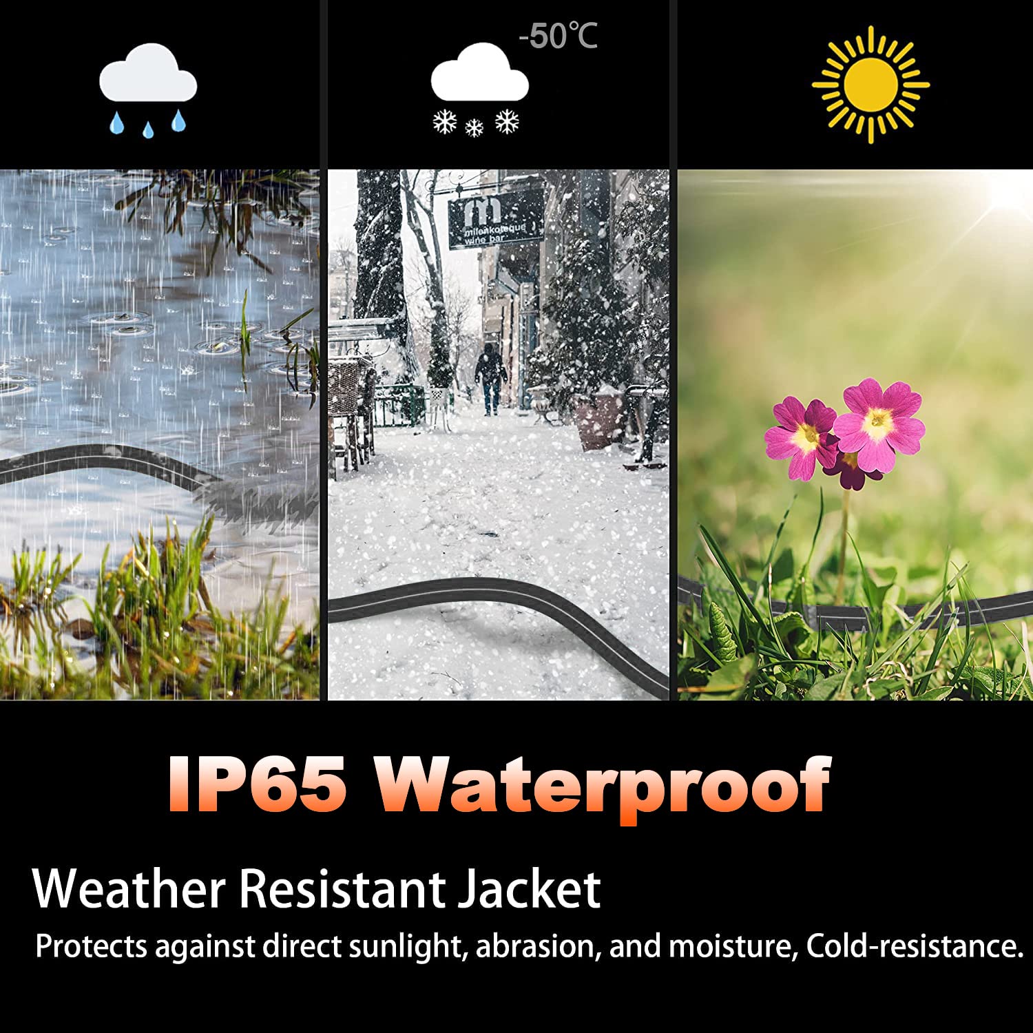 Huanchain Indoor Outdoor Black Extension Cord 10 Ft Waterproof, 16/3 Gauge Flexible Cold Resistant Appliance Extension Cord Outs