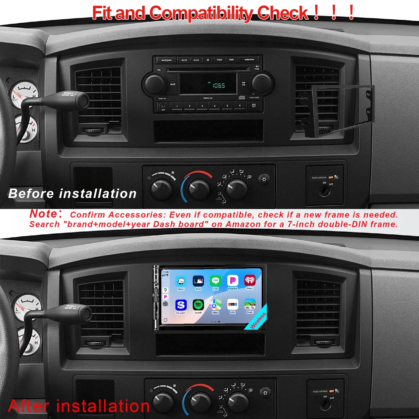 7Double Din Car Stereo With Wireless Apple Carplay Android Auto, Car Radio Bluetooth 5.2, Ips 1024 600 Touch Screen, Backup Came