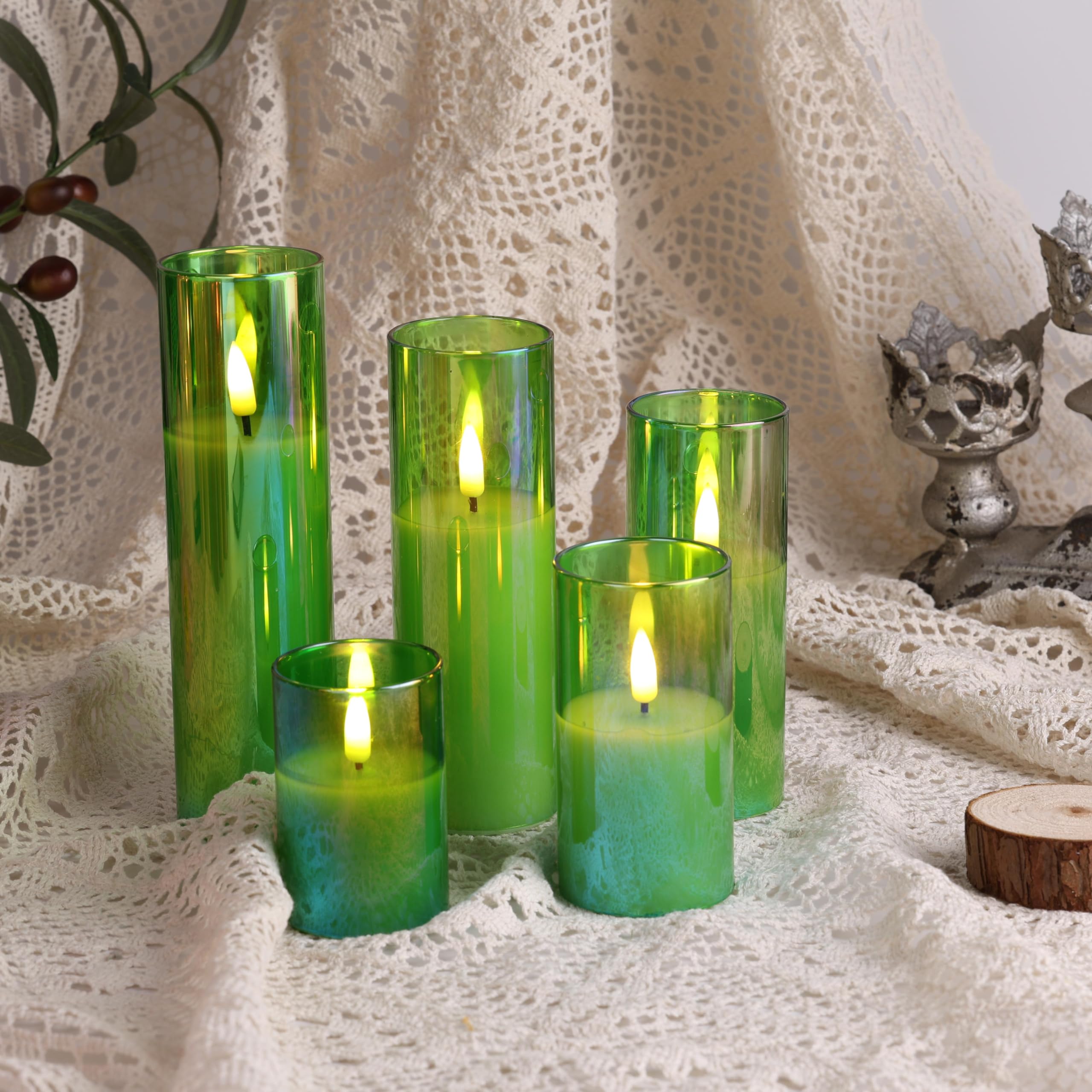 Eywamage 5 Pack Green Glass Flameless Candles With Remote, Flickering Slim Tall Led Pillar Votive Candles Battery Included