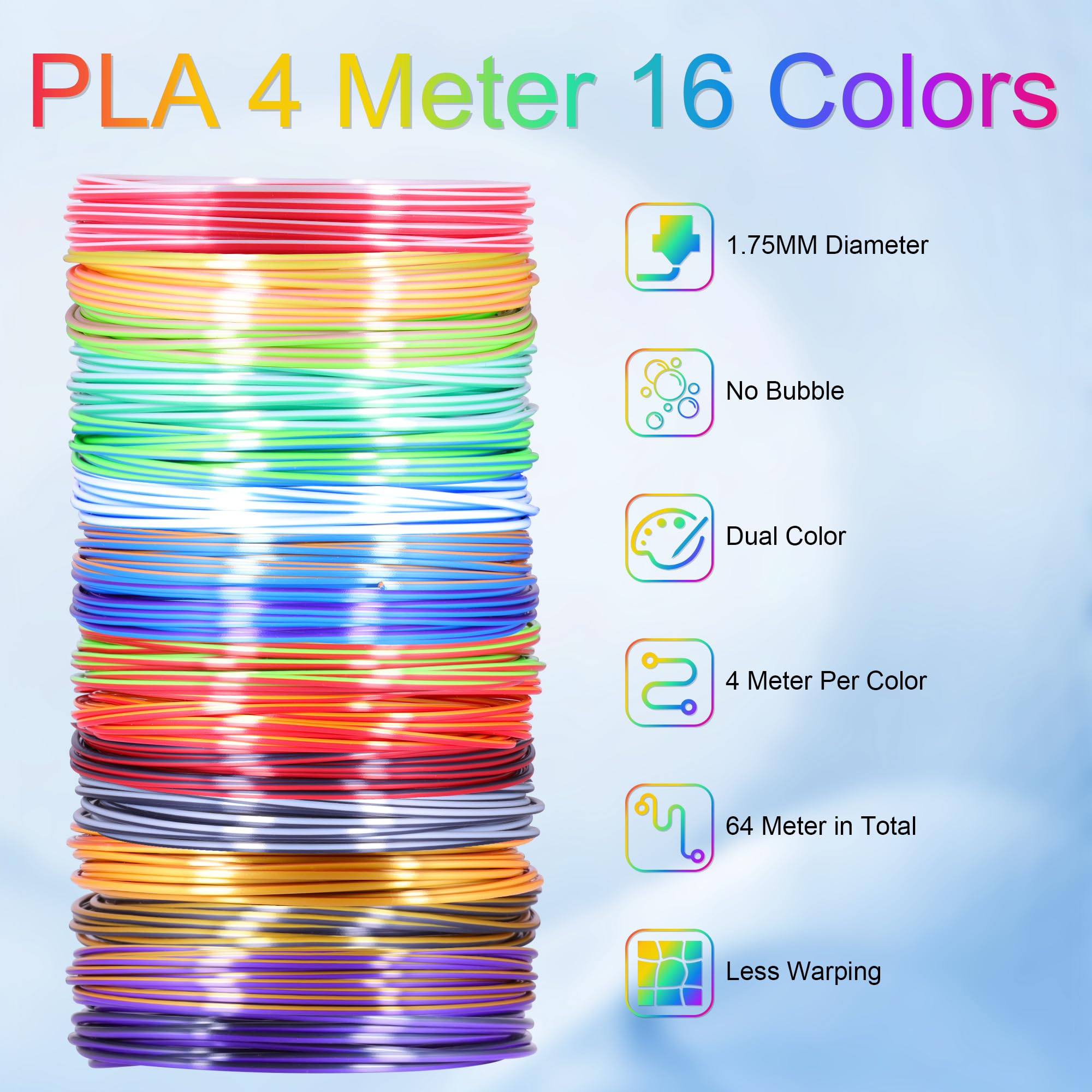 Mika3D 2 Dual Color In 1 Silk Pla Filament Refill Sample Pack, 16 Different Dual Color Silk Pla, Each 4 Meter Length, Total 64M