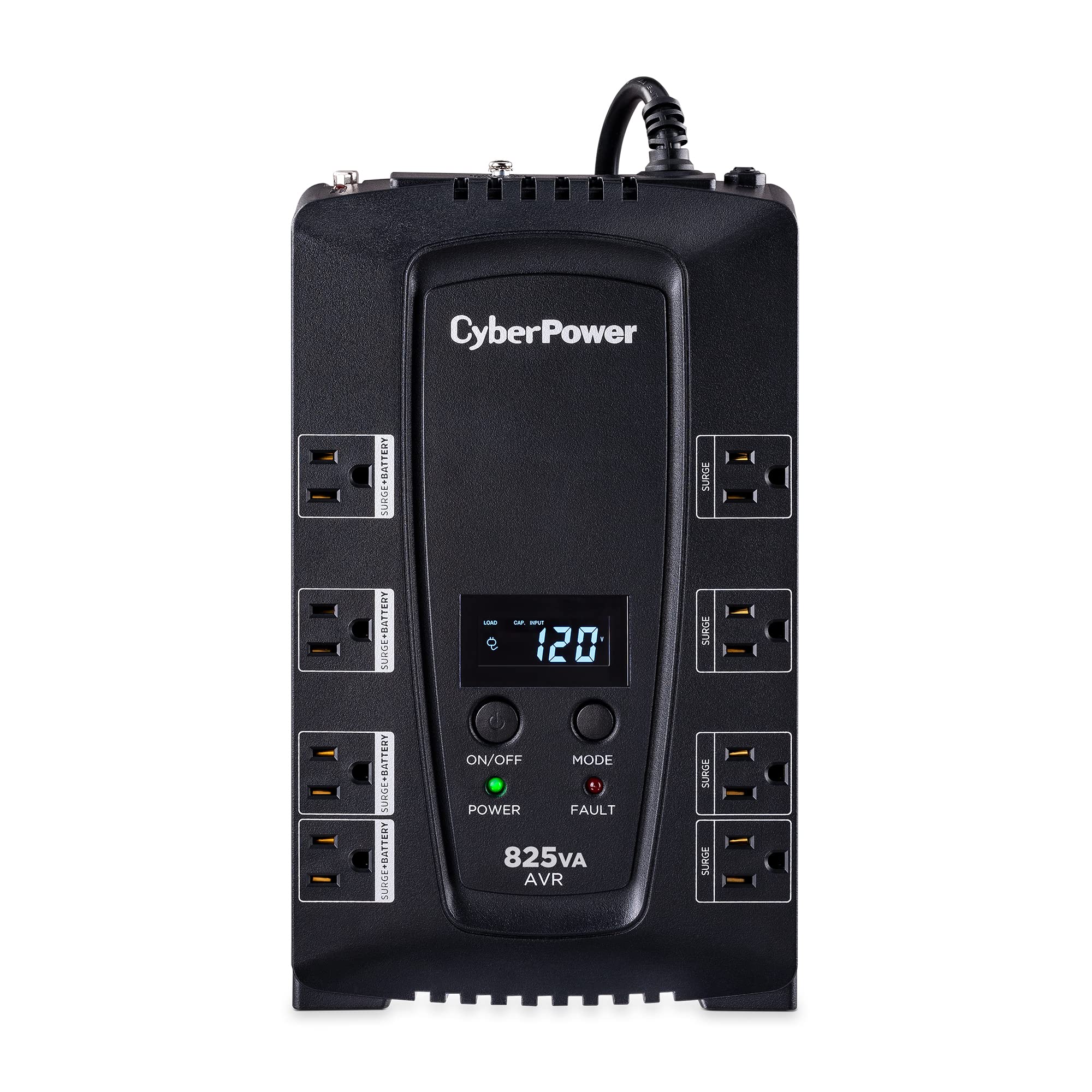 Cyberpower Cp825Avrlcd Intelligent Lcd Ups System, 825Va/450W, 8 Outlets, Avr, Compact Black