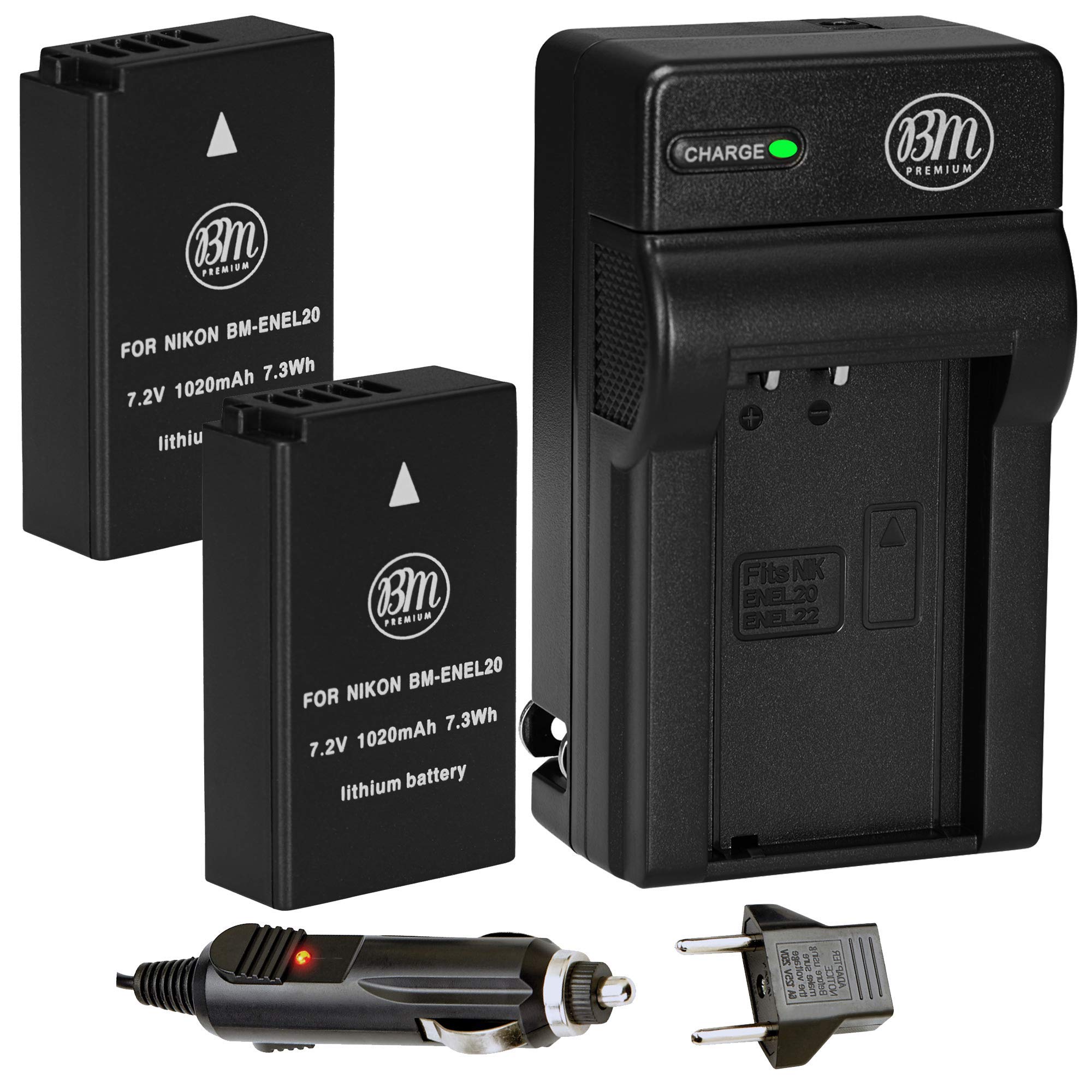 BM Premium 2 Pack of ENEL20, EN EL20A Batteries and Battery Charger for Nikon Coolpix P950, P1000, P1100, DL24 500, Coolpix A, 1 AW1, 1 J1, 1 J2, 1 J3, 1 S1, 1 V3 Digital Camera