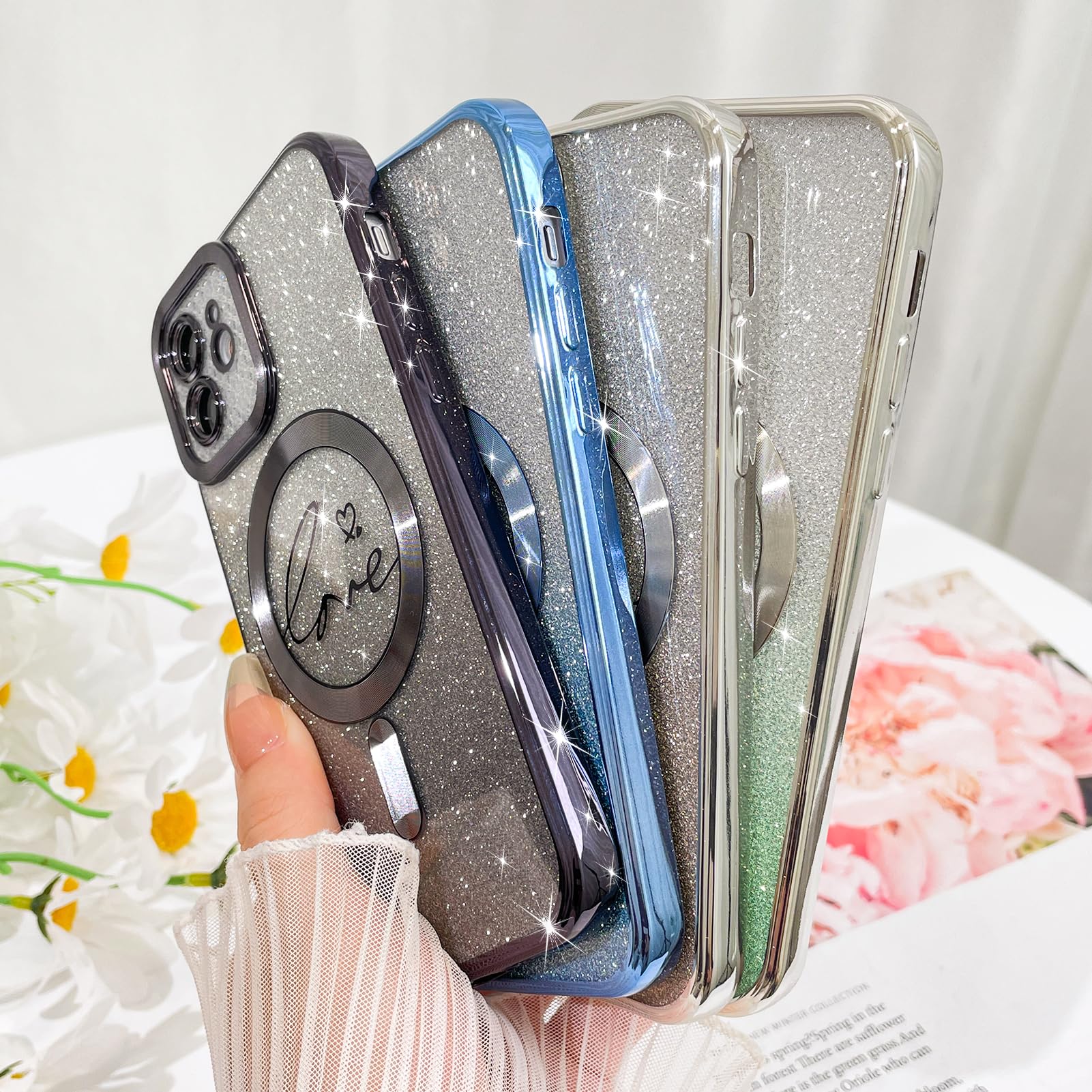 Fiyart Designed For Iphone 12 Case,Compatible With Magsafe Love Heart Plating Camera Protection Clear Phone Case, Magnetic Glitt