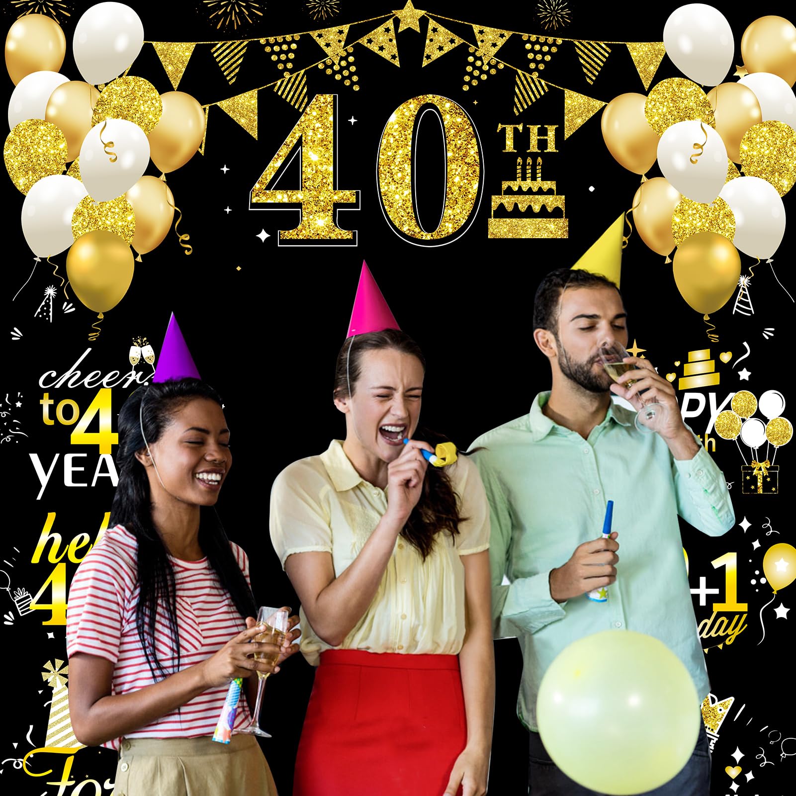 Large 40Th Birthday Decorations 40Th Birthday Photo Banner For Men Women, Black Gold Funny Cheers To 40 Years Birthday Party Sup
