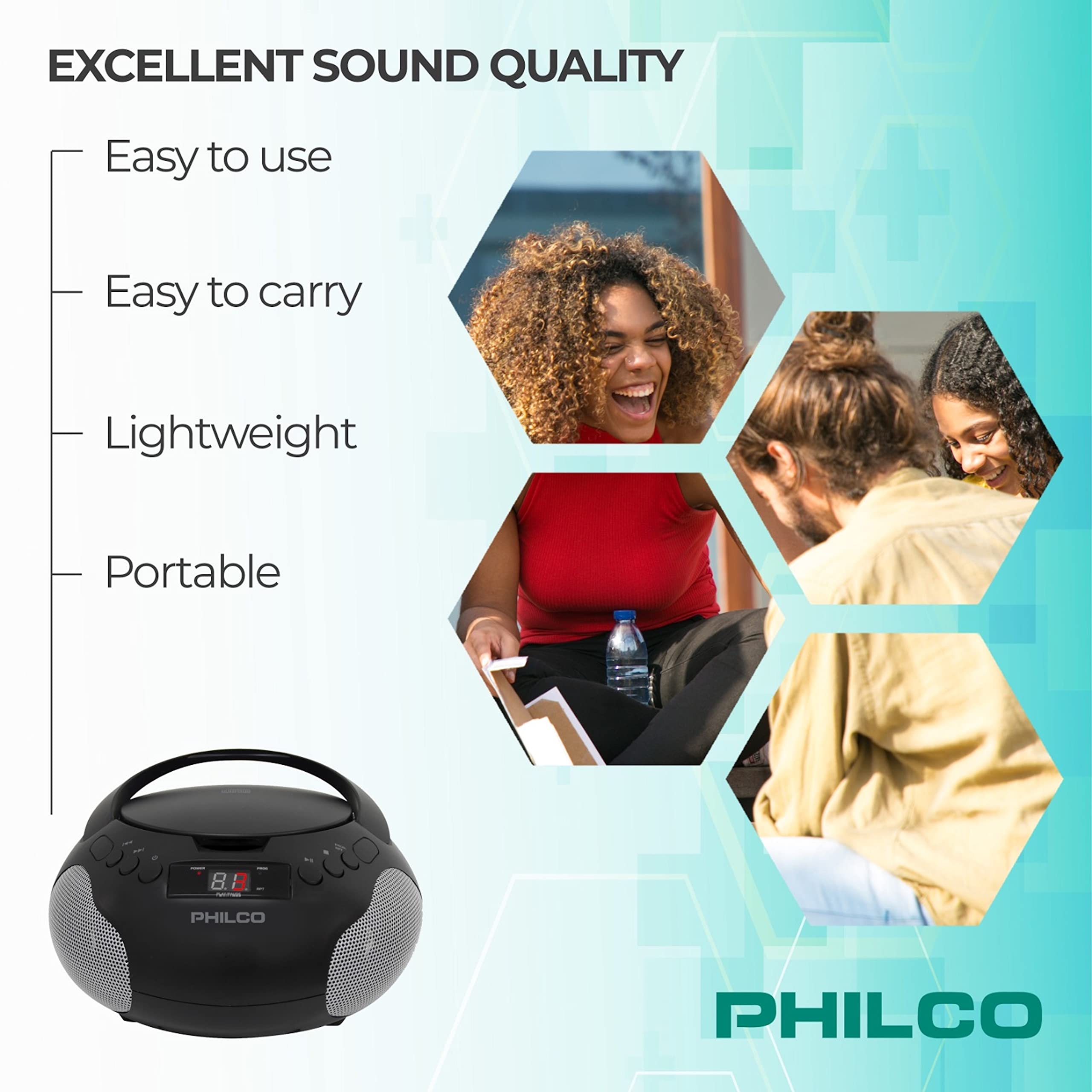 Philco Portable Cd Player Boombox With Speakers And Am Fm Radio | Black Boom Box Compatible With Cd R/Cd Rw And Audio Cd | 3.5Mm