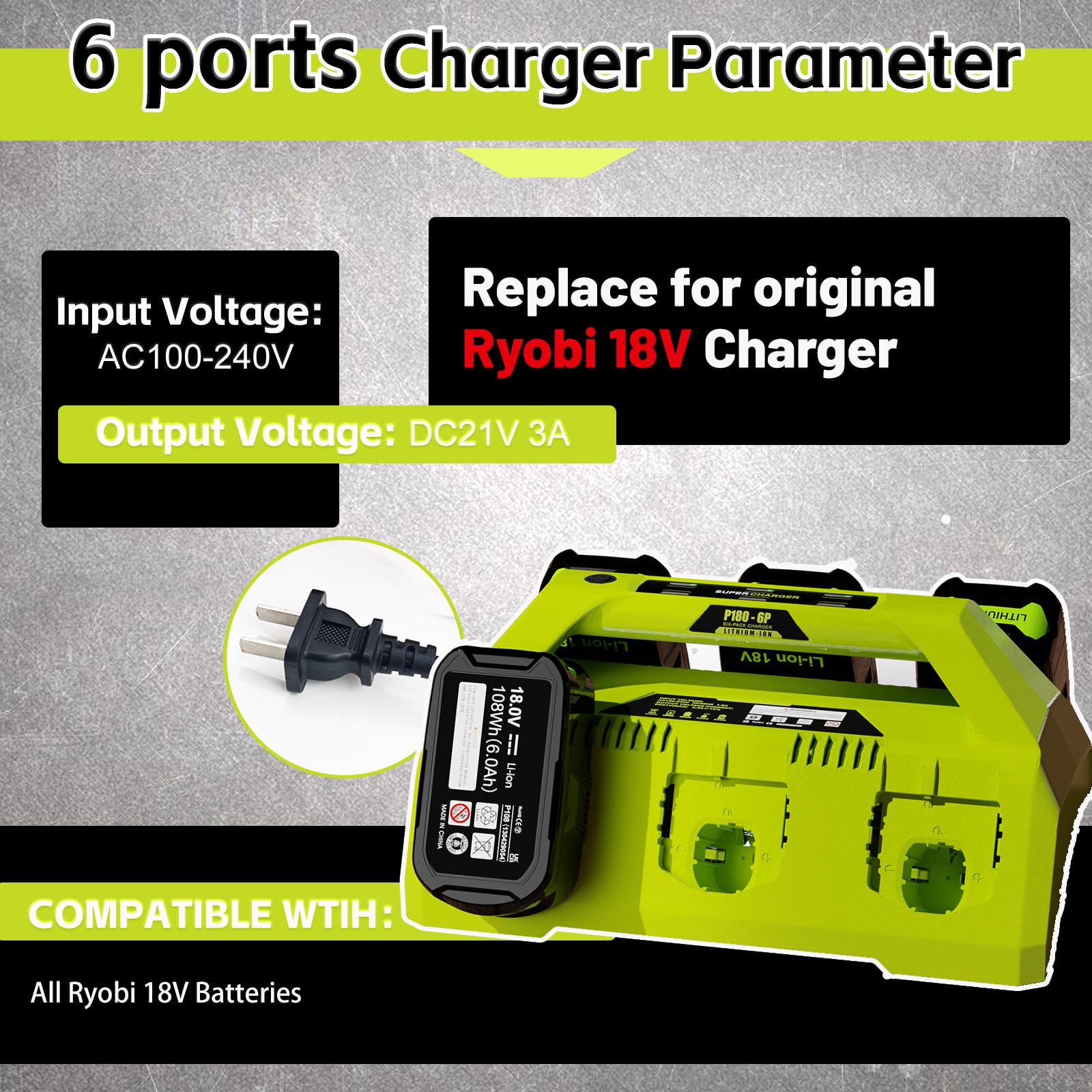 Calihutt ? Wall Hole? Replace 6 Port Chrager For P135 P117 Ryobi 18V Lithium Ion Charger Fast Charge With Power Choose Button,6