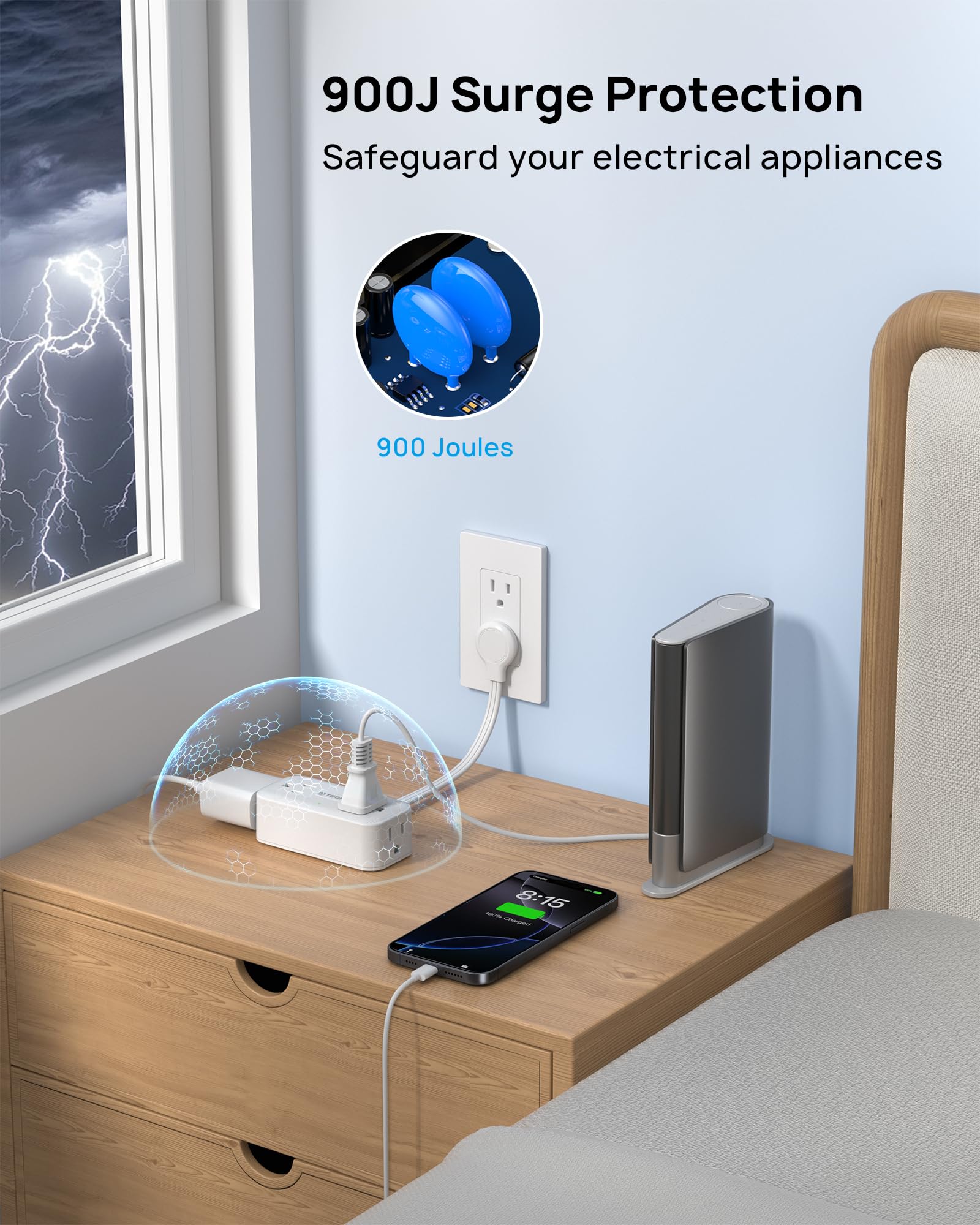 Trond Outlet Extender With 6 Inch Cord, Flat Plug Adapter With 4 Electrical Sockets, 900J Surge Protector, Wall Mountable, Multi