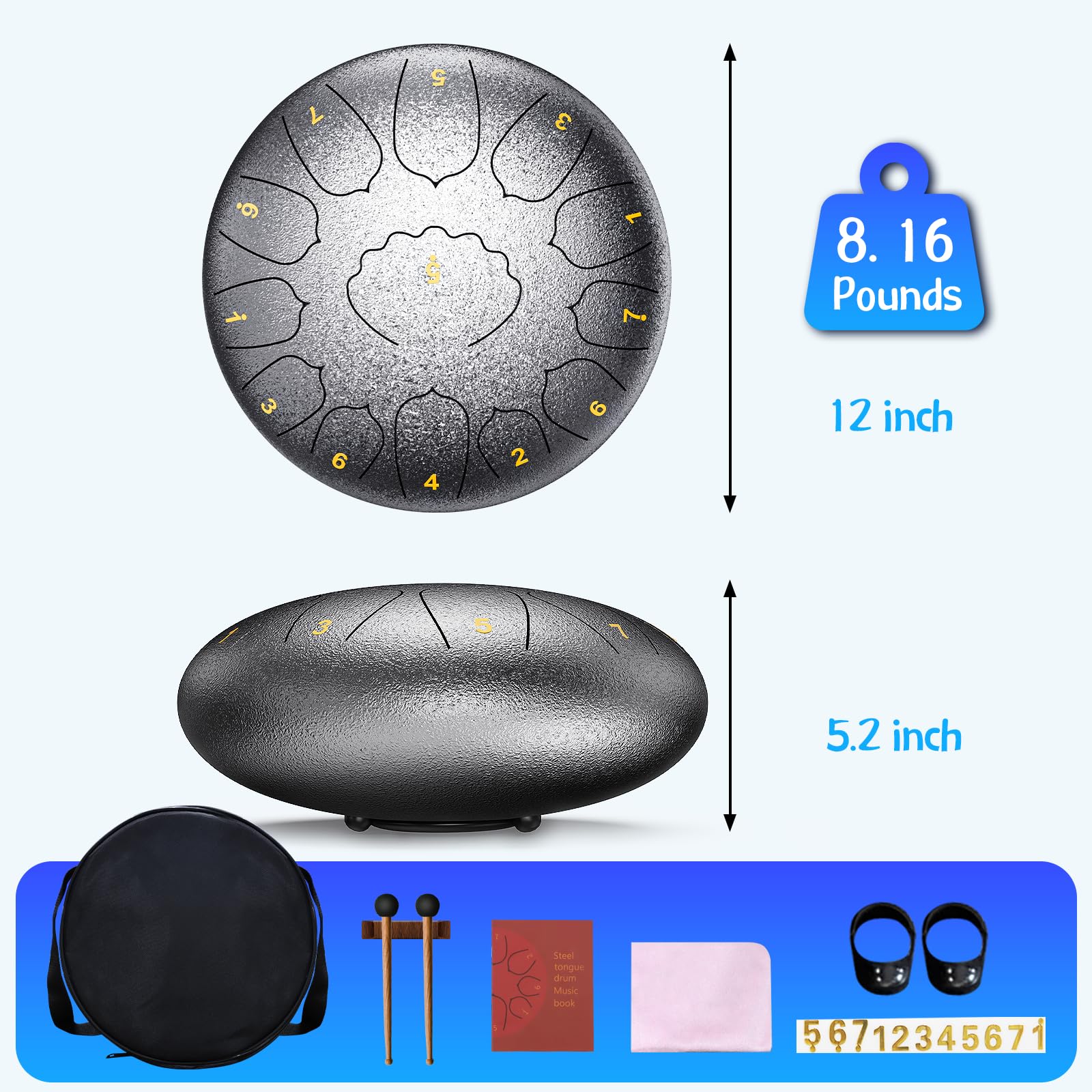 Professional Steel Tongue Drum For Adults & Kids - 8/12 Inch Hand Percussion Instrument Rain Drum With 11/13 Notes For Yoga, Med