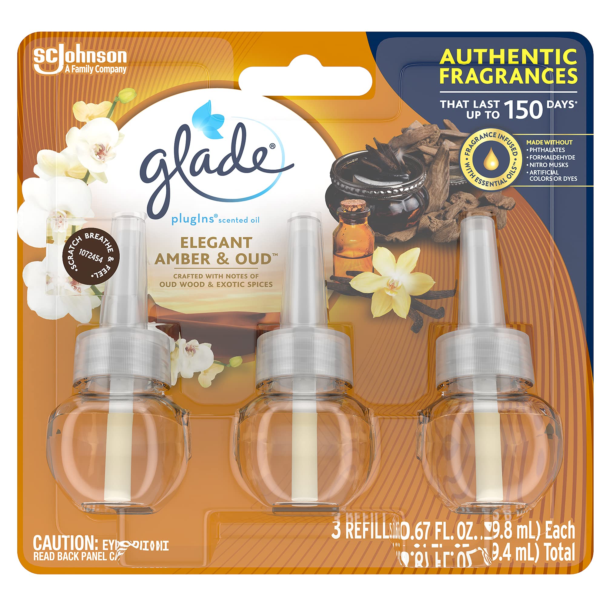 Glade Plugins Refills Air Freshener, Scented And Essential Oils For Home And Bathroom, Elegant Amber & Oud, 2.01 Oz, 3 Count