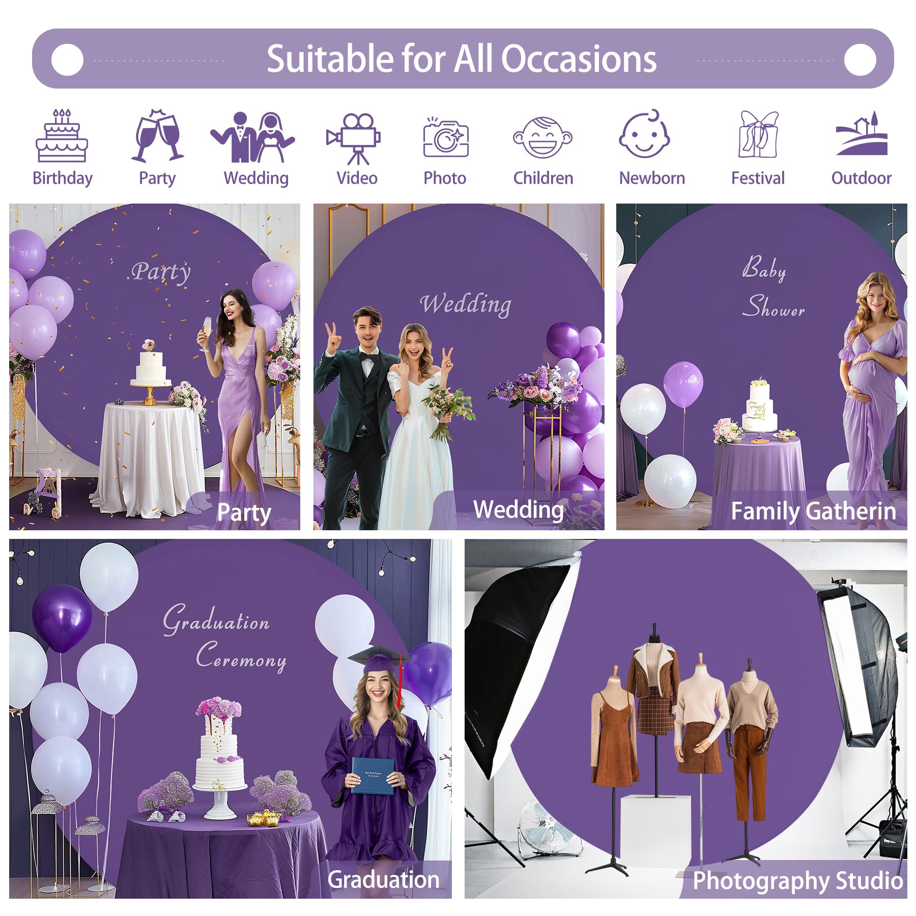 Gallety 7.2 Ft Purple Round Backdrop Cover For 5 To 7.2Ft Round Backdrop Stand   Adjustable Circle Arch Backdrop Cover For Weddi