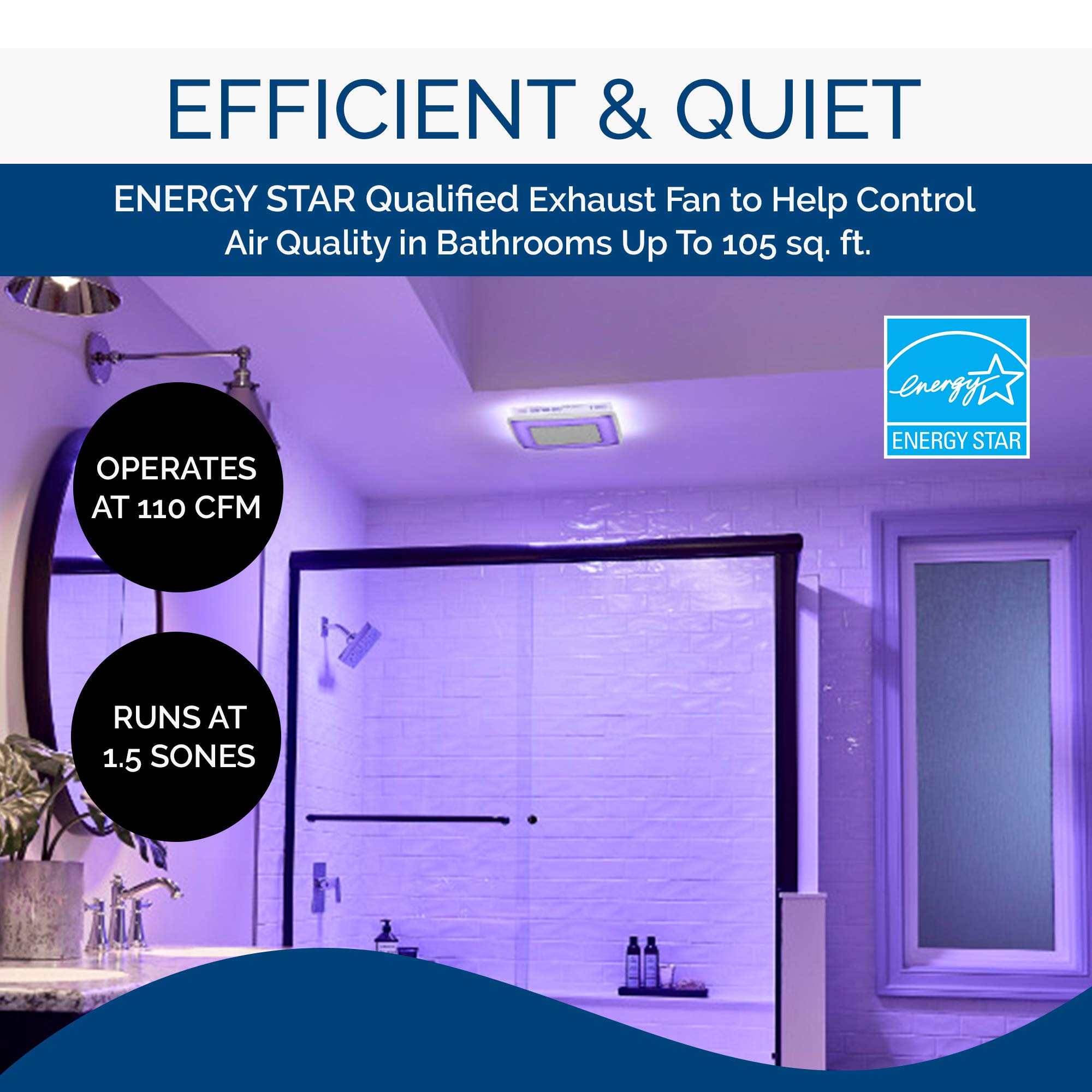 Broan Nutone Aer110Rgbl Chromacomfort 110 Cfm Ventilation Fan With 24 Color Selectable Led, 1.5 Sones, Energy Star Certified, Wh