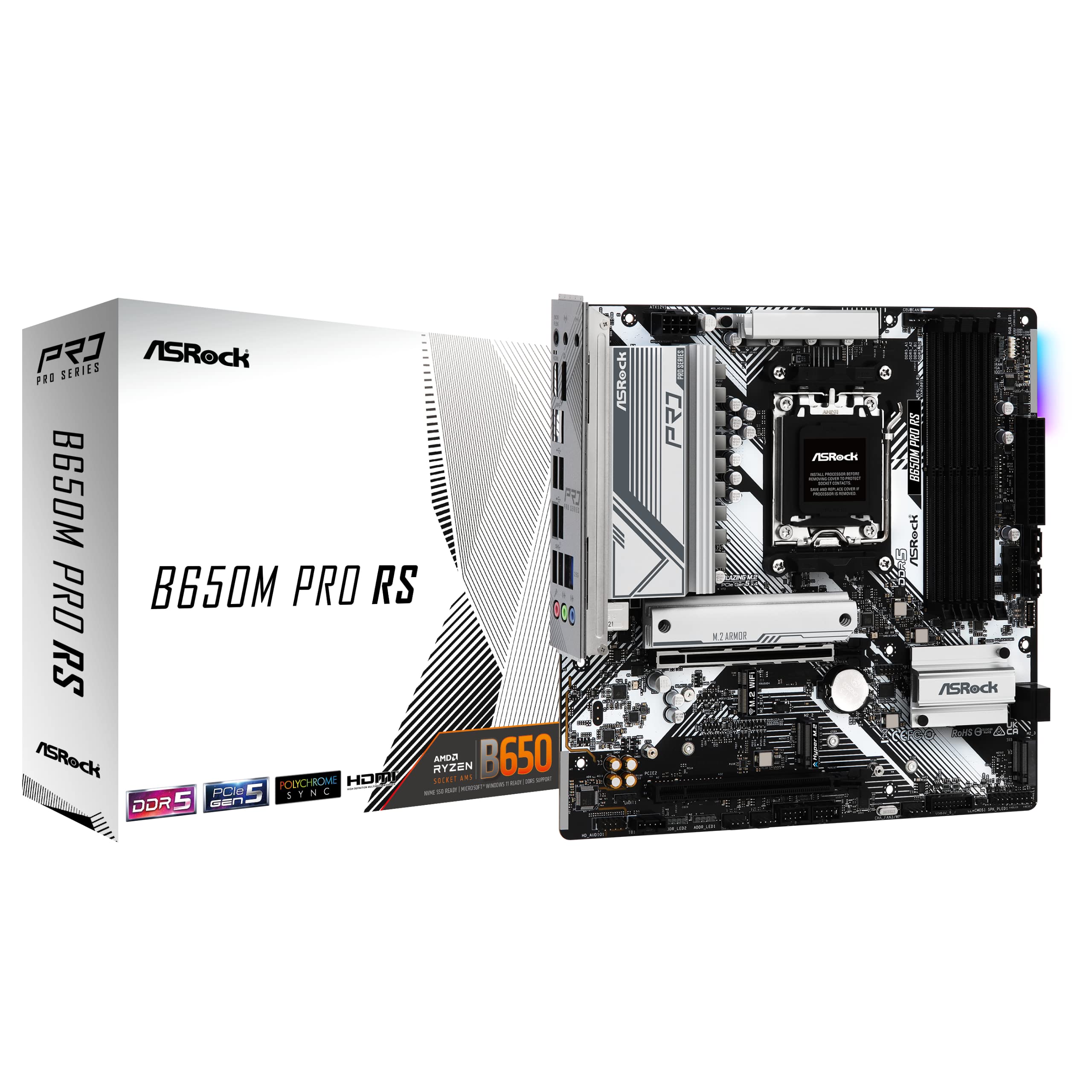 Asrock B650M Pro Rs Amd Socket Am5 Ryzen 7000/8000/9000 Series Ddr5 7200+ (Oc) Mhz 256Gb M.2 Key E For Wifi Sata3 6.0 Gb/S Micro Atx Motherboard 2.5G Lan Bios Flashback