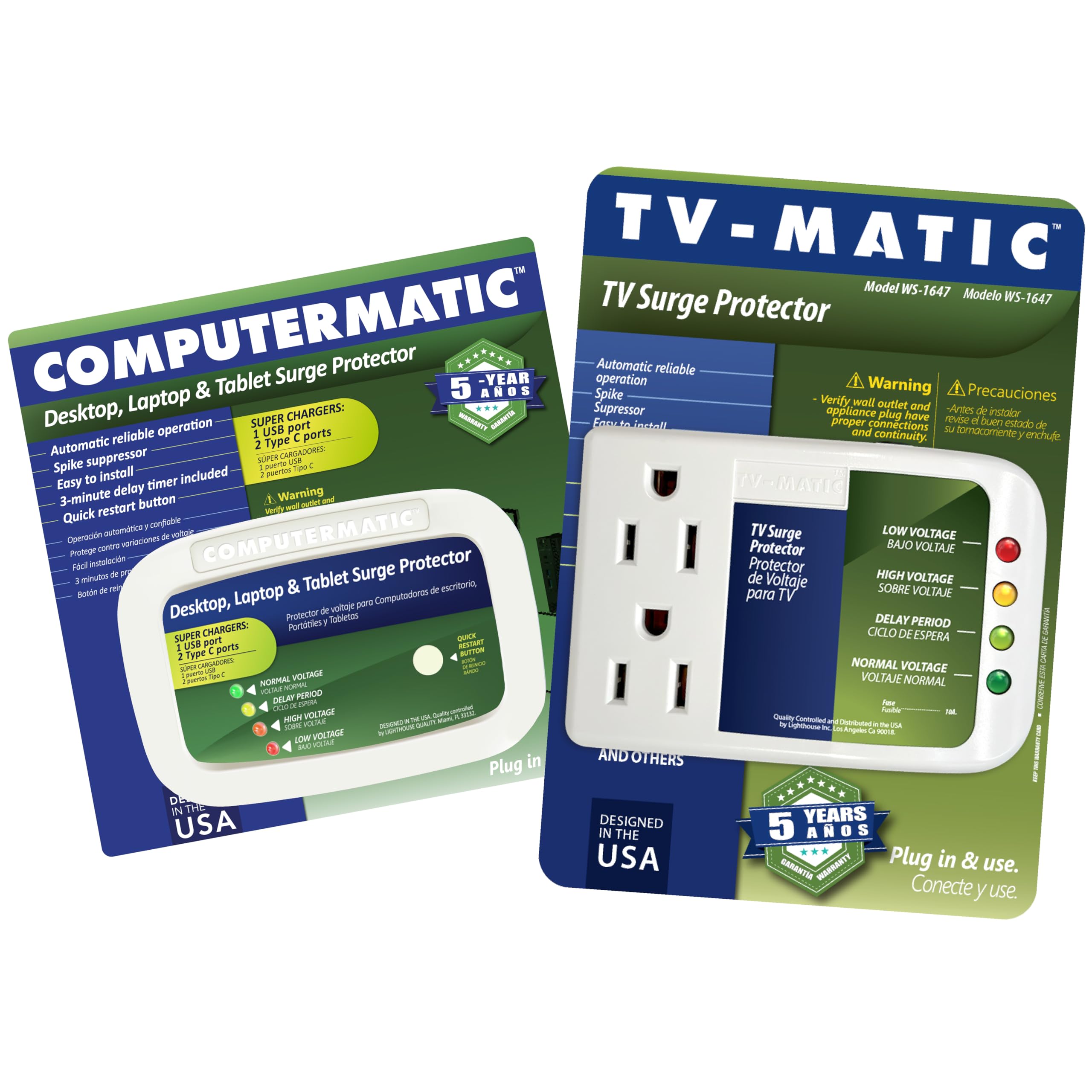 Two Electronic Voltage And Surge Protector Combo For Your Devices: Computermatic Charging Brick For Computers/Tv Matic For Tv, And Game Consoles