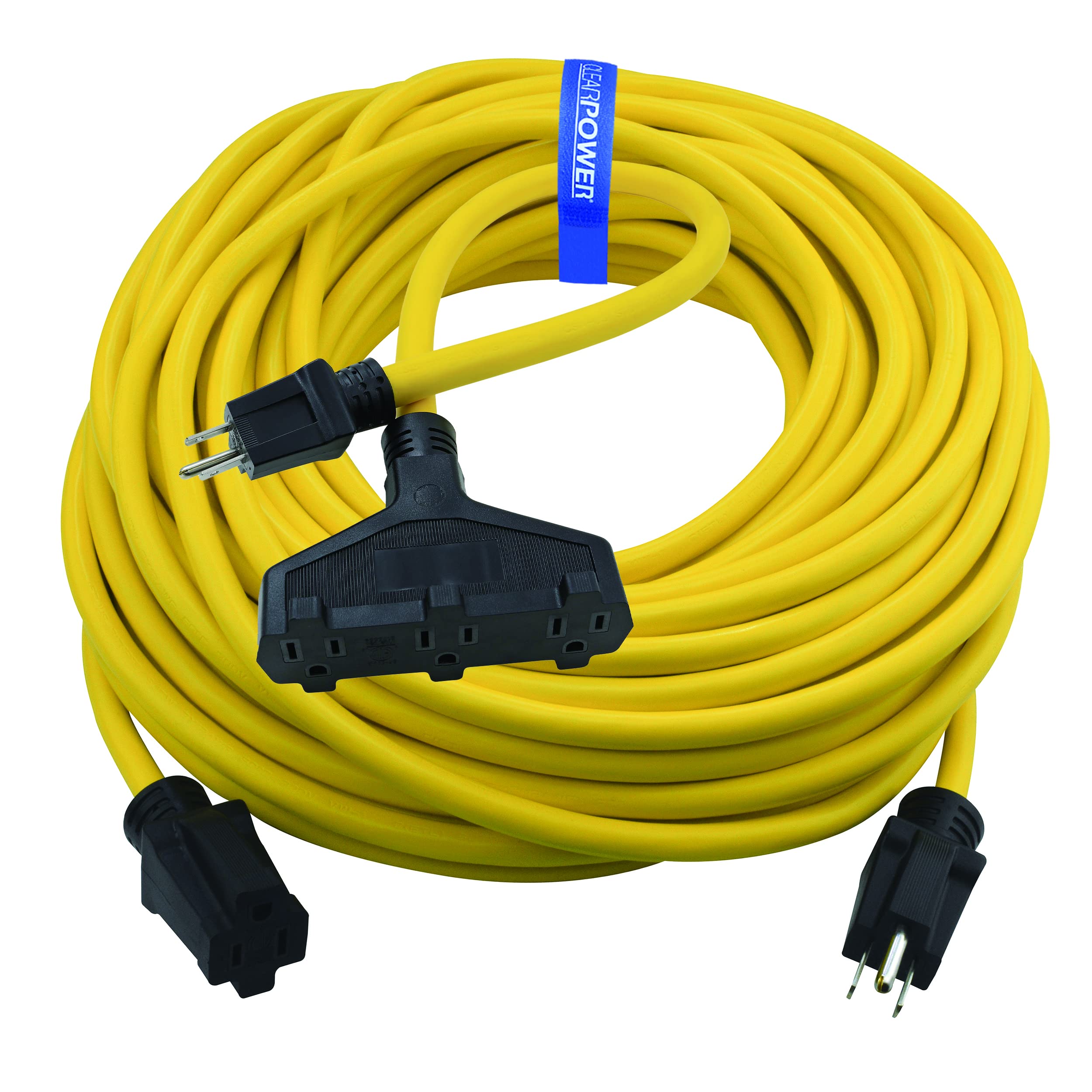 Clear Power 100 Ft 12/3 Sjtw Heavy Duty Outdoor Extension Cord With 2 Ft (Short) 3 Outlet Extension Cord Adapter, 3 Prong Ground