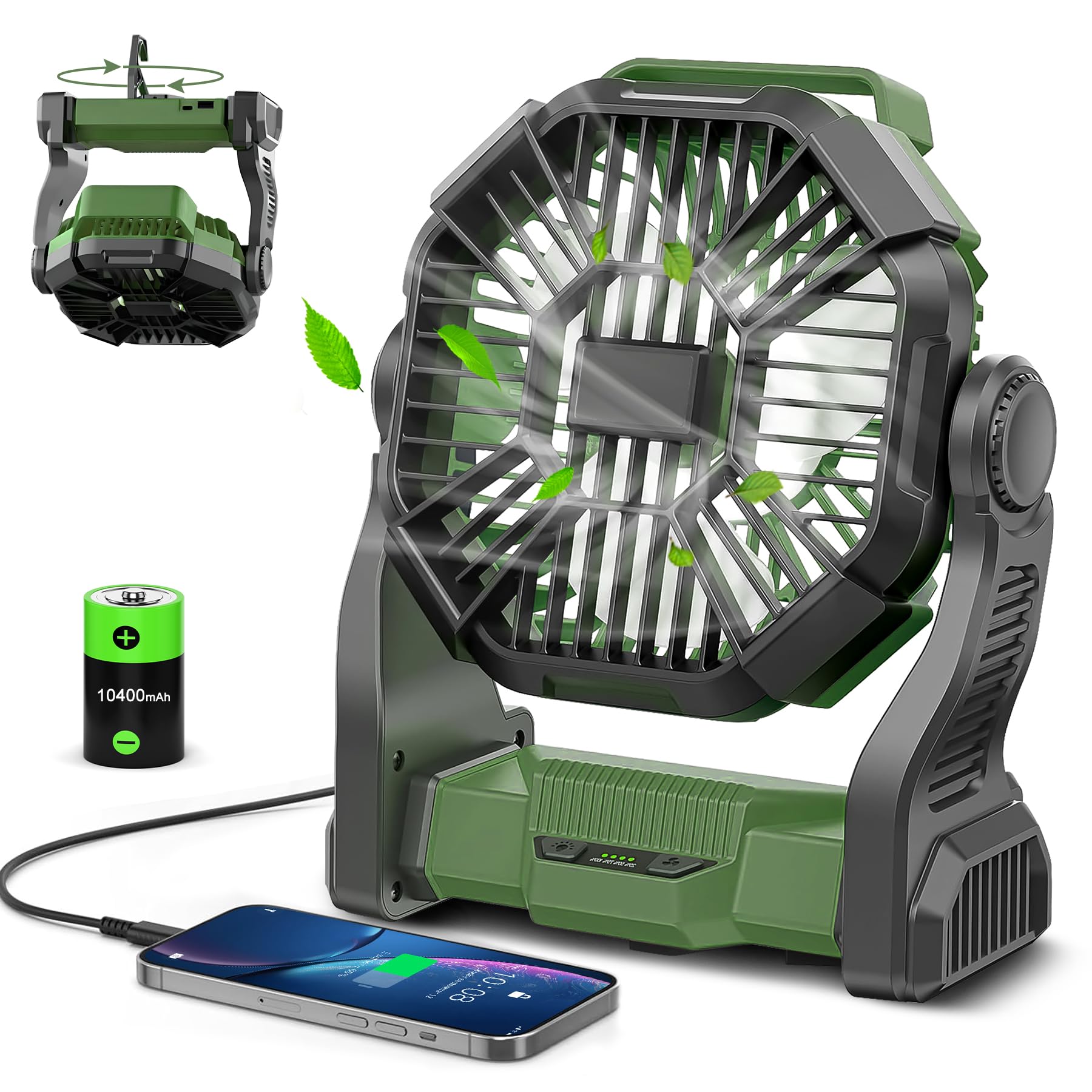 Conbola Portable Rechargeable Camping Fan For Tent With Led Lantern, 10 Inch Battery Operated Outdoor Fan With Hanging Hook, 270