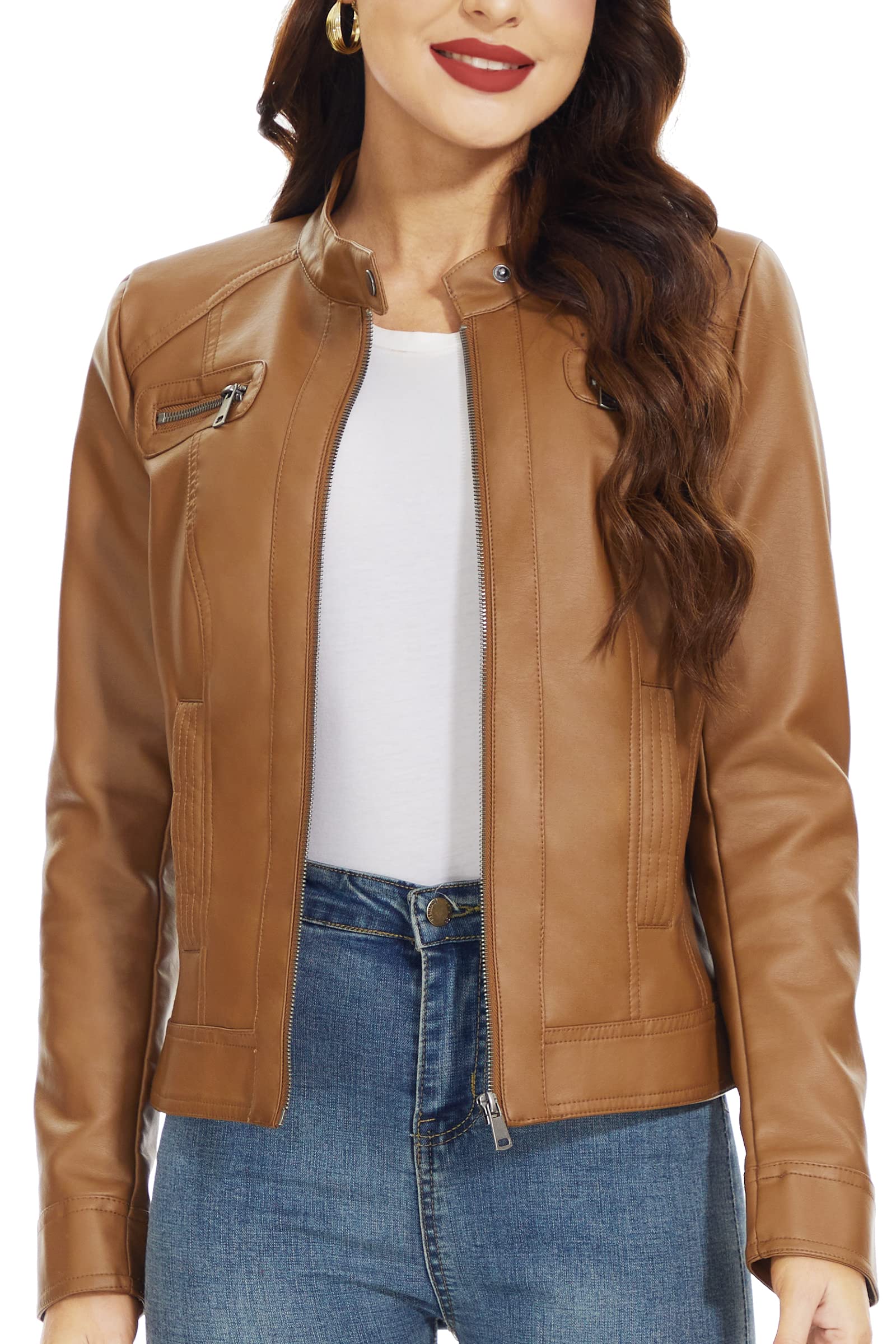 Fahsyee Womens Faux Leather Jackets, Zip Up Motorcycle Short Pu Moto Biker Outwear Fitted Slim Coat Size L Camel