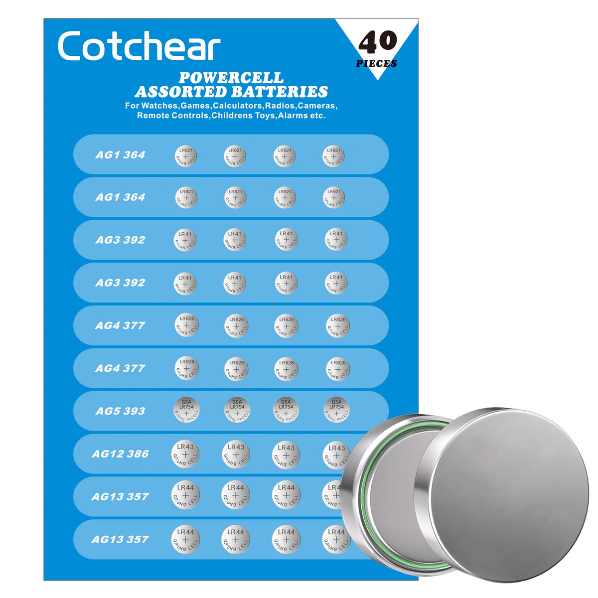 Cotchear 40Pcs Alkaline Cell Batteries Assorted 1.5 Volt Ag1/Lr621 Ag3/Lr41 Ag4/Lr626 Ag5/Lr754 Ag12/Lr43 Ag13/Lr44 Coin Batteri