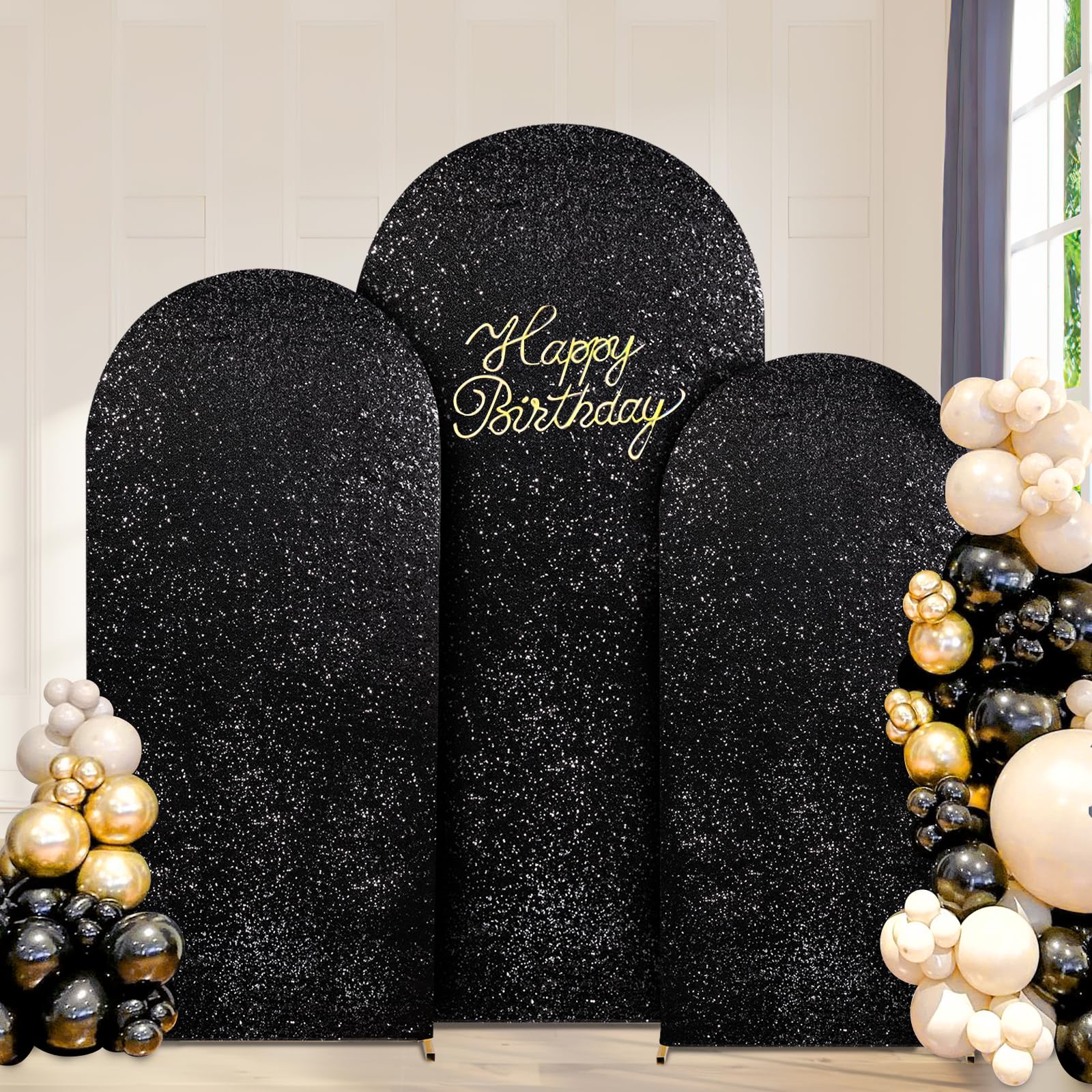 Arch Cover Set Of 3 Black Arch Backdrop Covers 6Ft, 6.6Ft, 7.2Ft Sparkly Fabric Backdrop Covers For Halloween Party Ceremony Dec