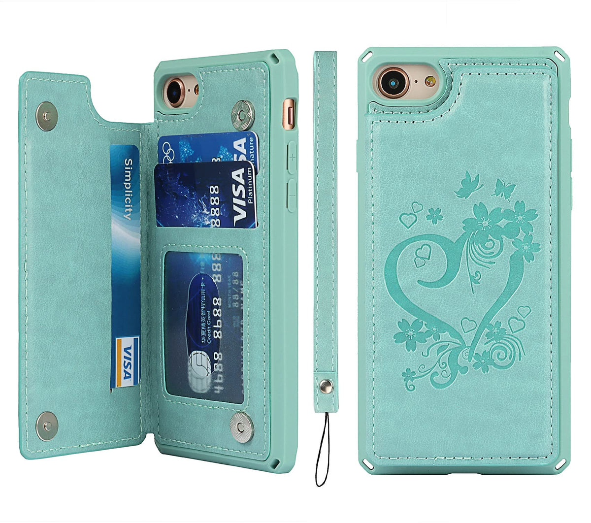 Icovercase Iphone Se 2022/Se 2020 Case With Card Holder For Women, Iphone 7/8 Wallet Case With Wrist Strap [Rfid Blocking] Embos